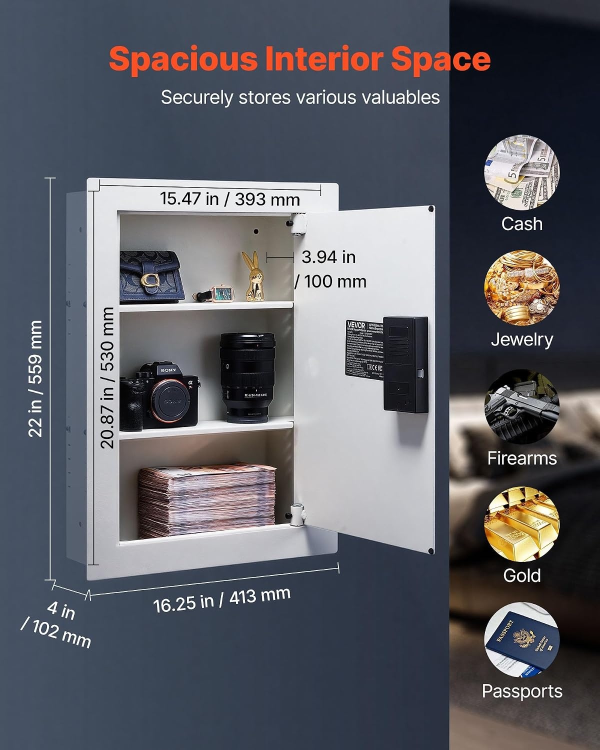 image:imageVEVOR 433 High Wall Safe 4Tier Hidden Wall Mounted Gun Safe with Password amp Key Q235 ColdRolled Steel InWall Box with LED Lighting 3 Adjustable Shelves amp Key Holders BlackWhite