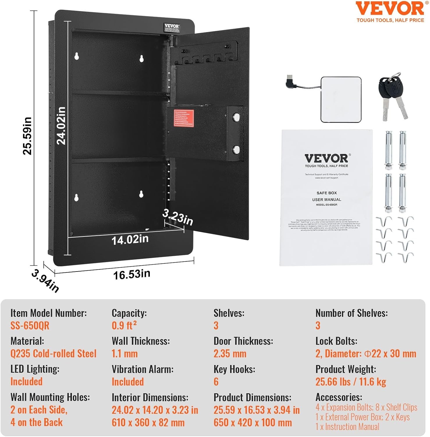 image:imageVEVOR 433 High Wall Safe 4Tier Hidden Wall Mounted Gun Safe with Password amp Key Q235 ColdRolled Steel InWall Box with LED Lighting 3 Adjustable Shelves amp Key Holders BlackBlack