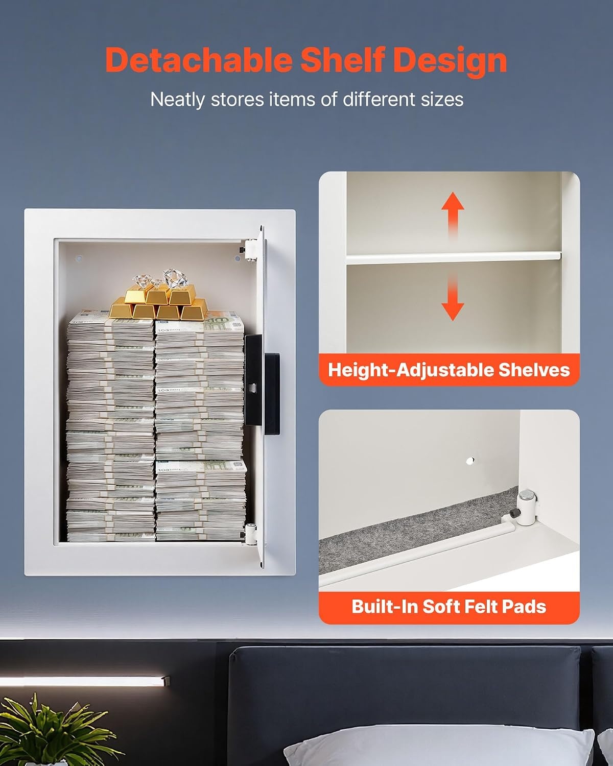 image:imageVEVOR 433 High Wall Safe 4Tier Hidden Wall Mounted Gun Safe with Password amp Key Q235 ColdRolled Steel InWall Box with LED Lighting 3 Adjustable Shelves amp Key Holders BlackWhite