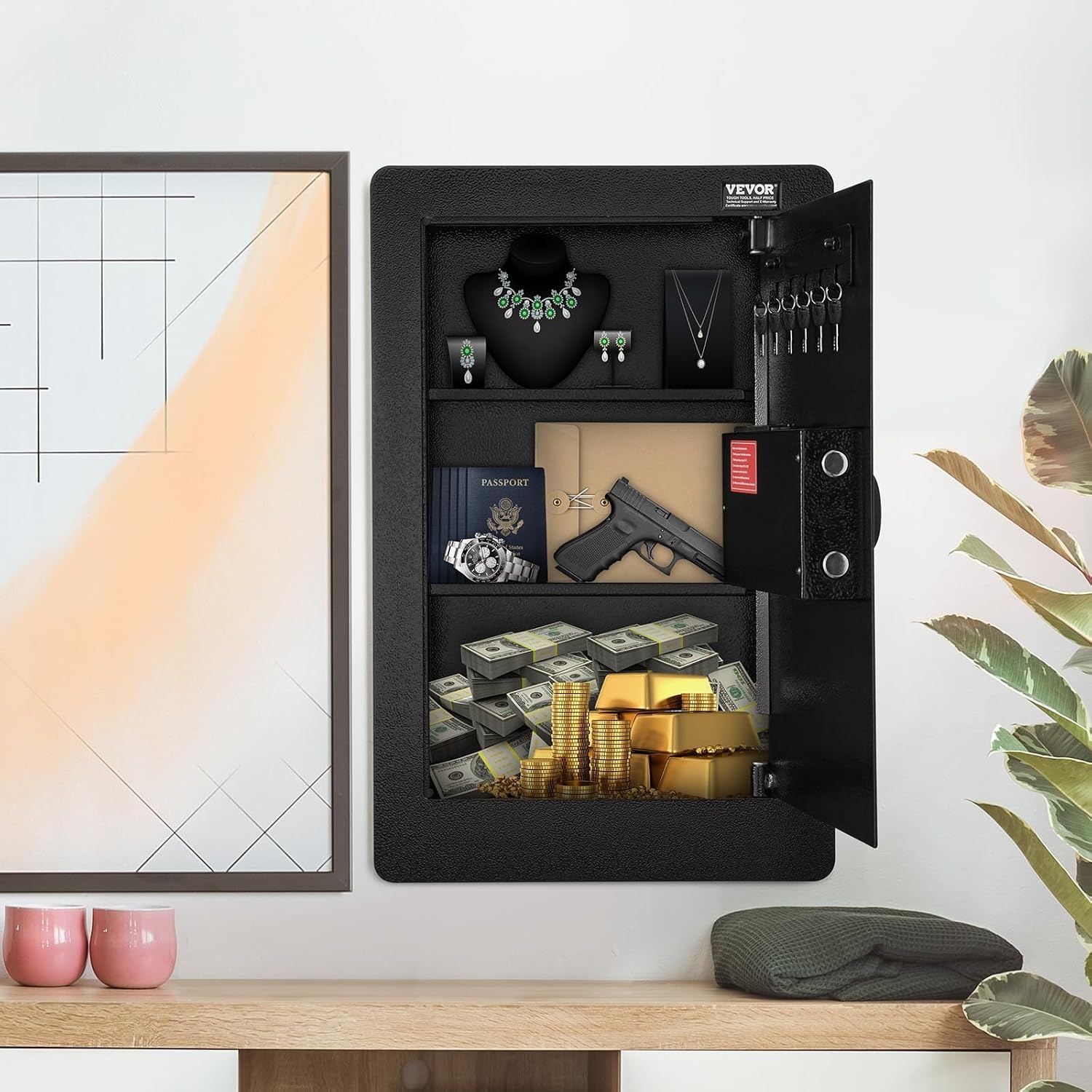 image:imageVEVOR 433 High Wall Safe 4Tier Hidden Wall Mounted Gun Safe with Password amp Key Q235 ColdRolled Steel InWall Box with LED Lighting 3 Adjustable Shelves amp Key Holders BlackBlack