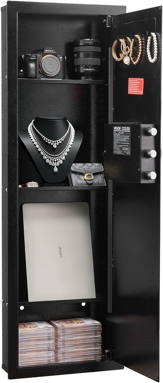 image:imageVEVOR 433 High Wall Safe 4Tier Hidden Wall Mounted Gun Safe with Password amp Key Q235 ColdRolled Steel InWall Box with LED Lighting 3 Adjustable Shelves amp Key Holders BlackBlack