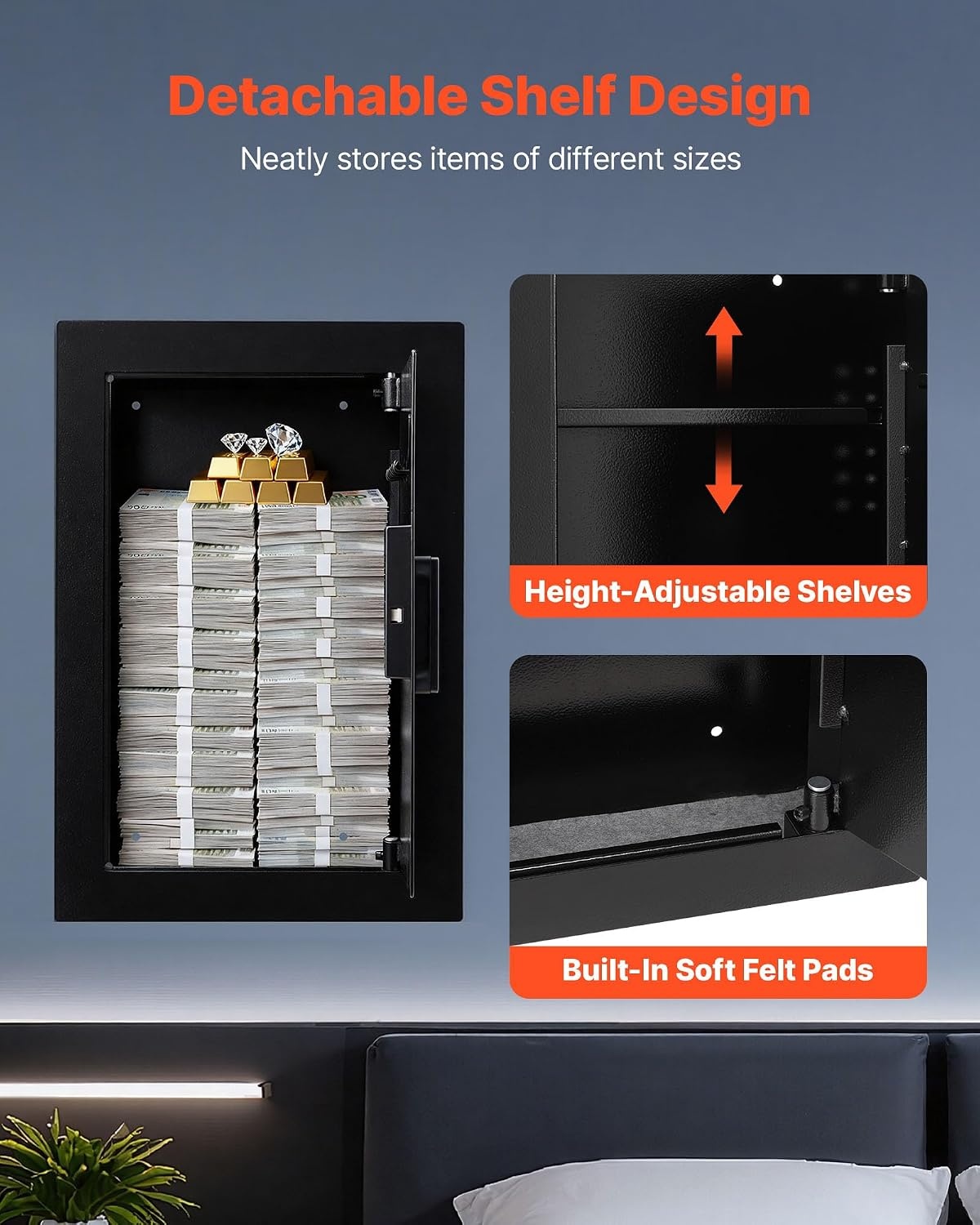 image:imageVEVOR 433 High Wall Safe 4Tier Hidden Wall Mounted Gun Safe with Password amp Key Q235 ColdRolled Steel InWall Box with LED Lighting 3 Adjustable Shelves amp Key Holders BlackBlack