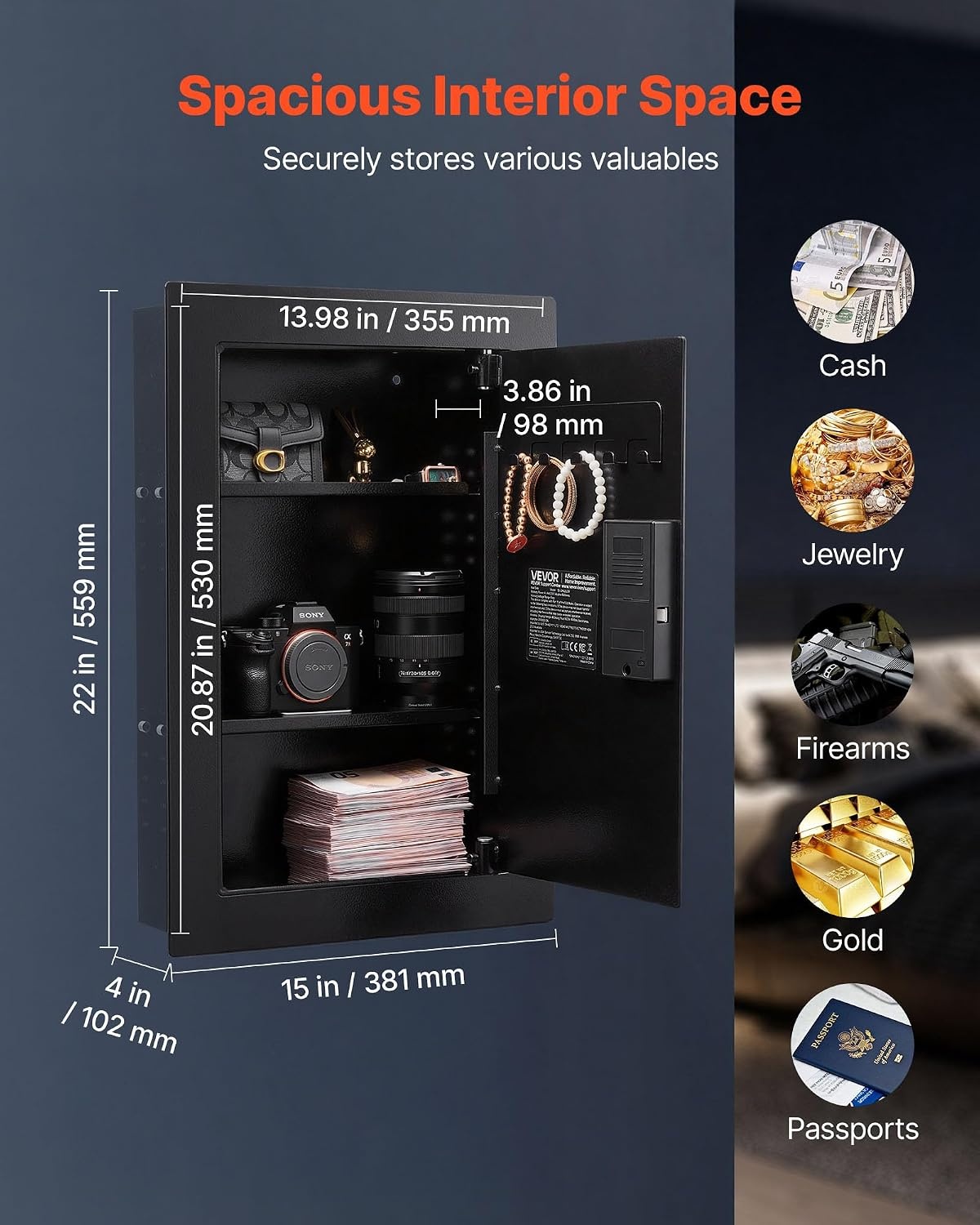 image:imageVEVOR 433 High Wall Safe 4Tier Hidden Wall Mounted Gun Safe with Password amp Key Q235 ColdRolled Steel InWall Box with LED Lighting 3 Adjustable Shelves amp Key Holders BlackBlack