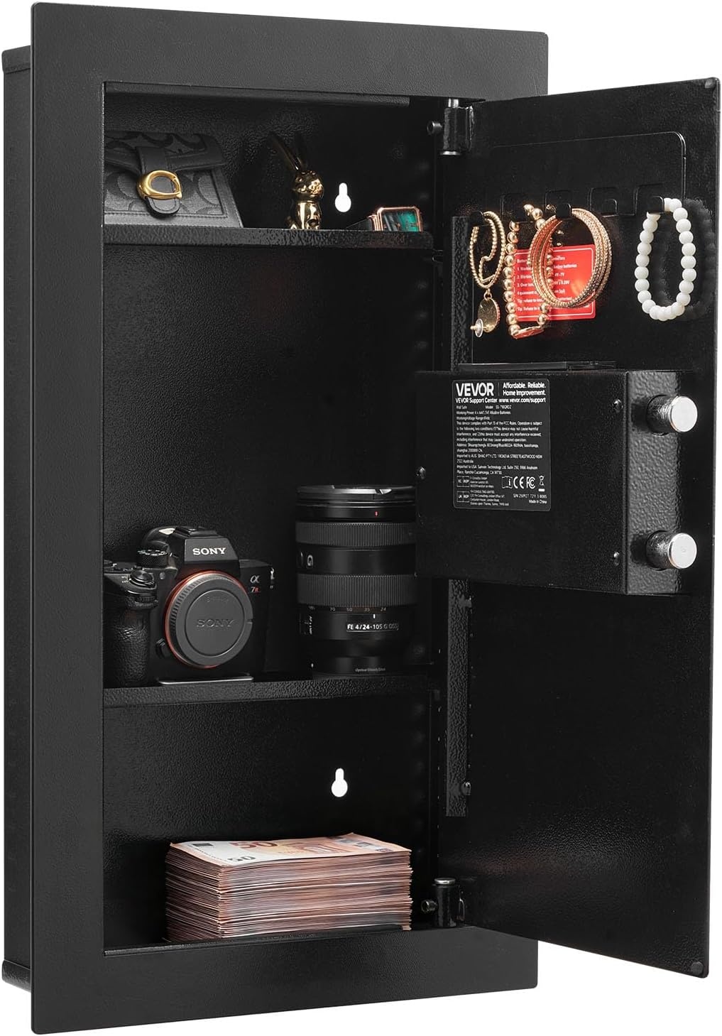image:imageVEVOR 433 High Wall Safe 4Tier Hidden Wall Mounted Gun Safe with Password amp Key Q235 ColdRolled Steel InWall Box with LED Lighting 3 Adjustable Shelves amp Key Holders BlackBlack