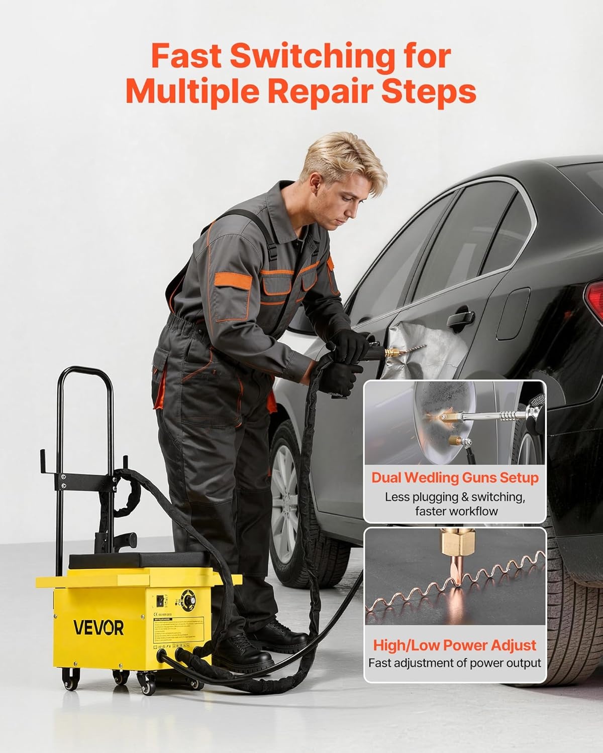 image:imageVEVOR 45KW Professional Stud Welder Dent Repair Kit with 2 Welding Guns amp 6 Modes All in One Dent Repair Workstation with Extended Handle Padded Seat and Accessory Tray374 x 197 x 161 in