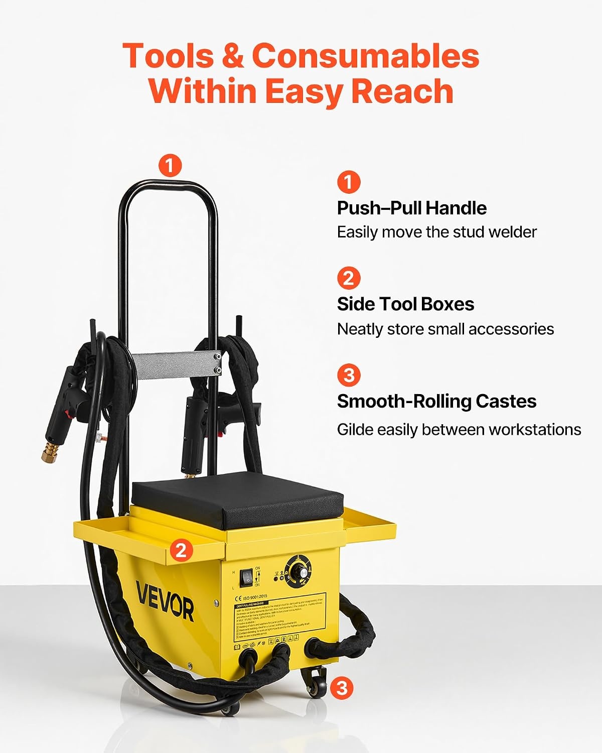 image:imageVEVOR 45KW Professional Stud Welder Dent Repair Kit with 2 Welding Guns amp 6 Modes All in One Dent Repair Workstation with Extended Handle Padded Seat and Accessory Tray374 x 197 x 161 in