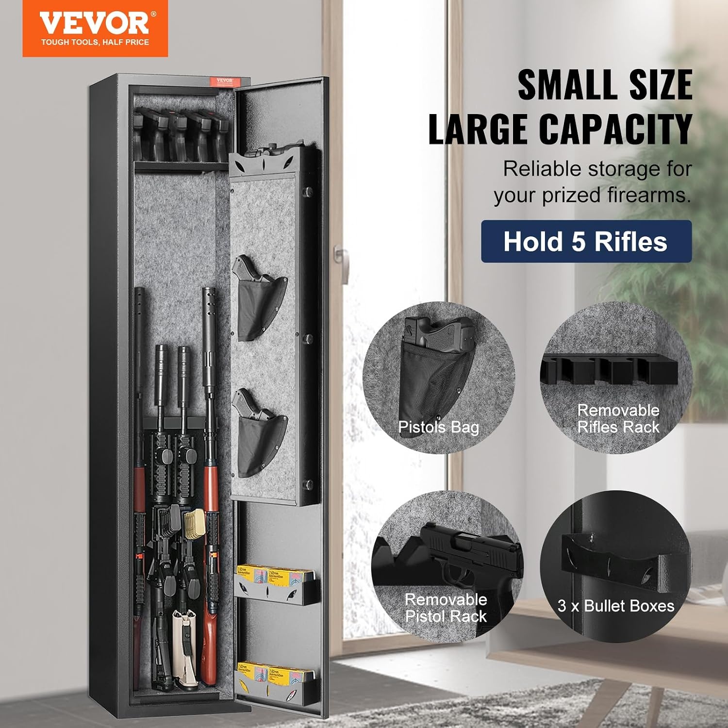 image:imageVEVOR 5 Rifles Gun Safe Rifle Safe with Fingerprint Lock Quick Access Gun Storage Cabinet for Shotguns with Removable Shelf amp Pistol Rack