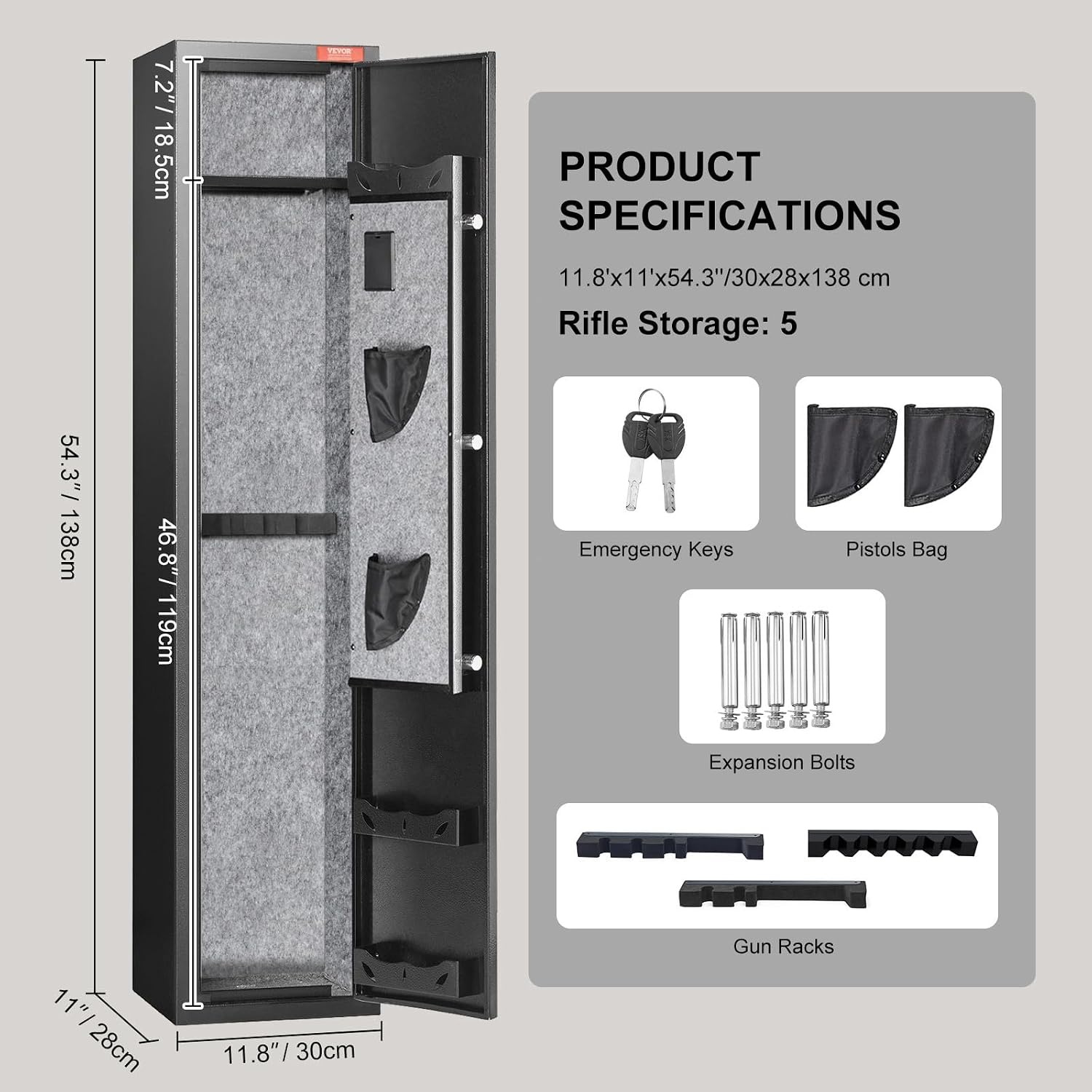 image:imageVEVOR 5 Rifles Gun Safe Rifle Safe with Fingerprint Lock Quick Access Gun Storage Cabinet for Shotguns with Removable Shelf amp Pistol Rack