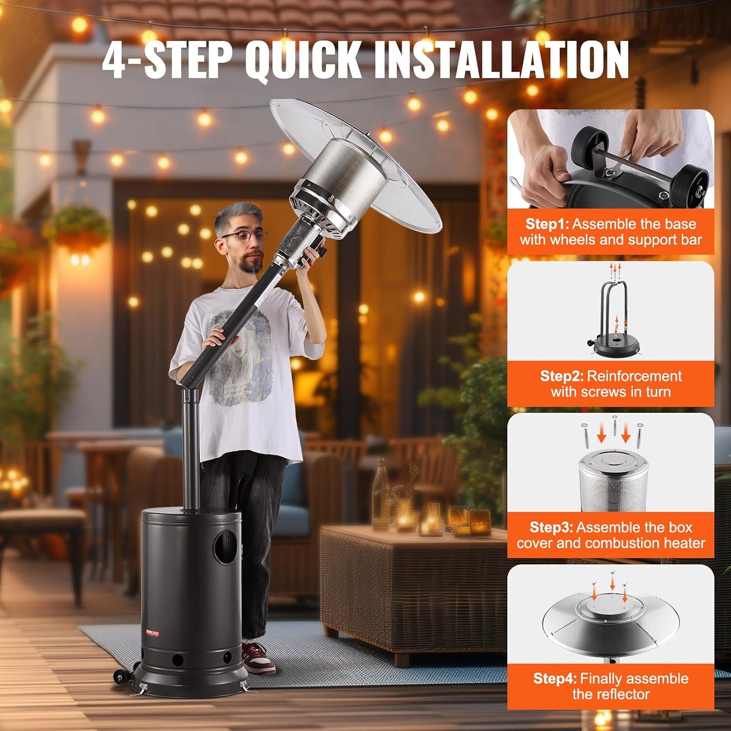 image:imageVEVOR 50000BTU Propane Patio Heater for Outdoor Use With Round Table Design Metal Burner and Wheels Tall Hammered Flame Heater for Party Backyard Garden Silver GraySilvergray