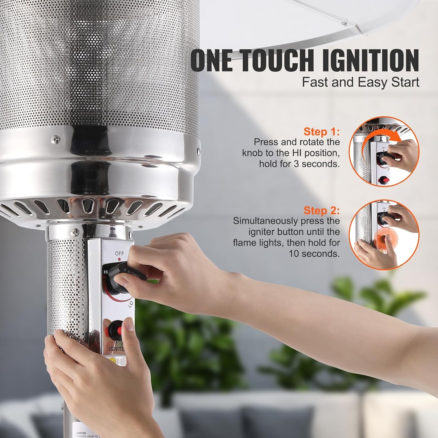 image:imageVEVOR 50000BTU Propane Patio Heater for Outdoor Use With Round Table Design Metal Burner and Wheels Tall Hammered Flame Heater for Party Backyard Garden Silver GraySilvergray