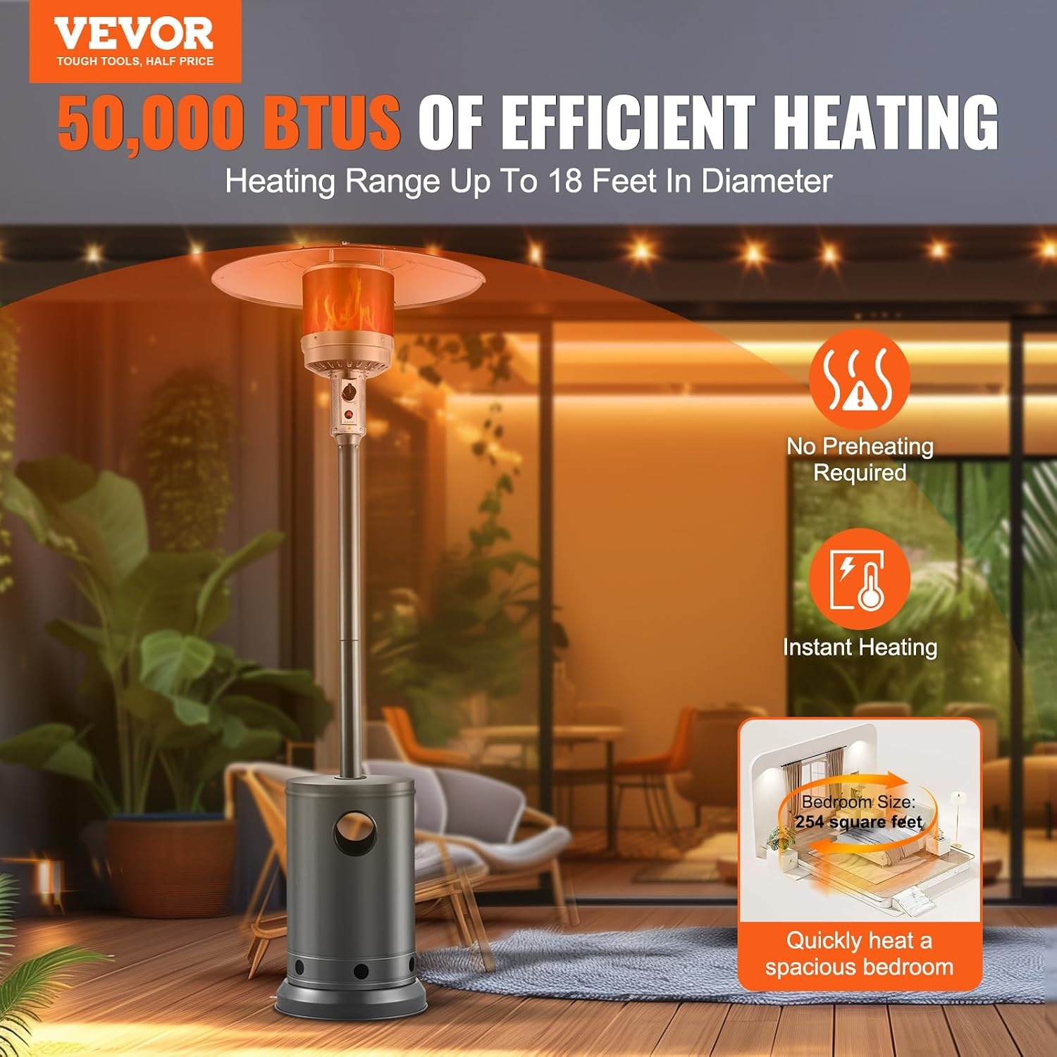 image:imageVEVOR 50000BTU Propane Patio Heater for Outdoor Use With Round Table Design Metal Burner and Wheels Tall Hammered Flame Heater for Party Backyard Garden Silver GraySilvergray