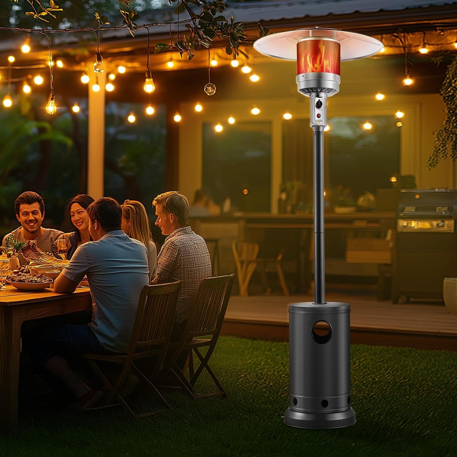 image:imageVEVOR 50000BTU Propane Patio Heater for Outdoor Use With Round Table Design Metal Burner and Wheels Tall Hammered Flame Heater for Party Backyard Garden Silver GraySilvergray