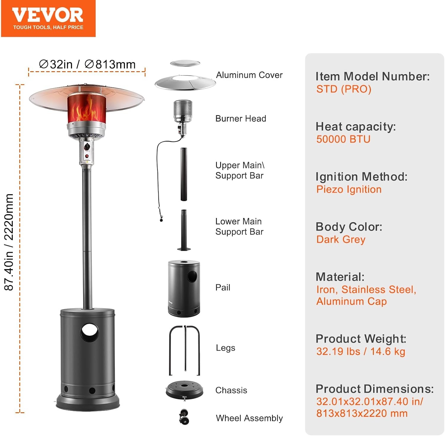 image:imageVEVOR 50000BTU Propane Patio Heater for Outdoor Use With Round Table Design Metal Burner and Wheels Tall Hammered Flame Heater for Party Backyard Garden Silver GraySilvergray
