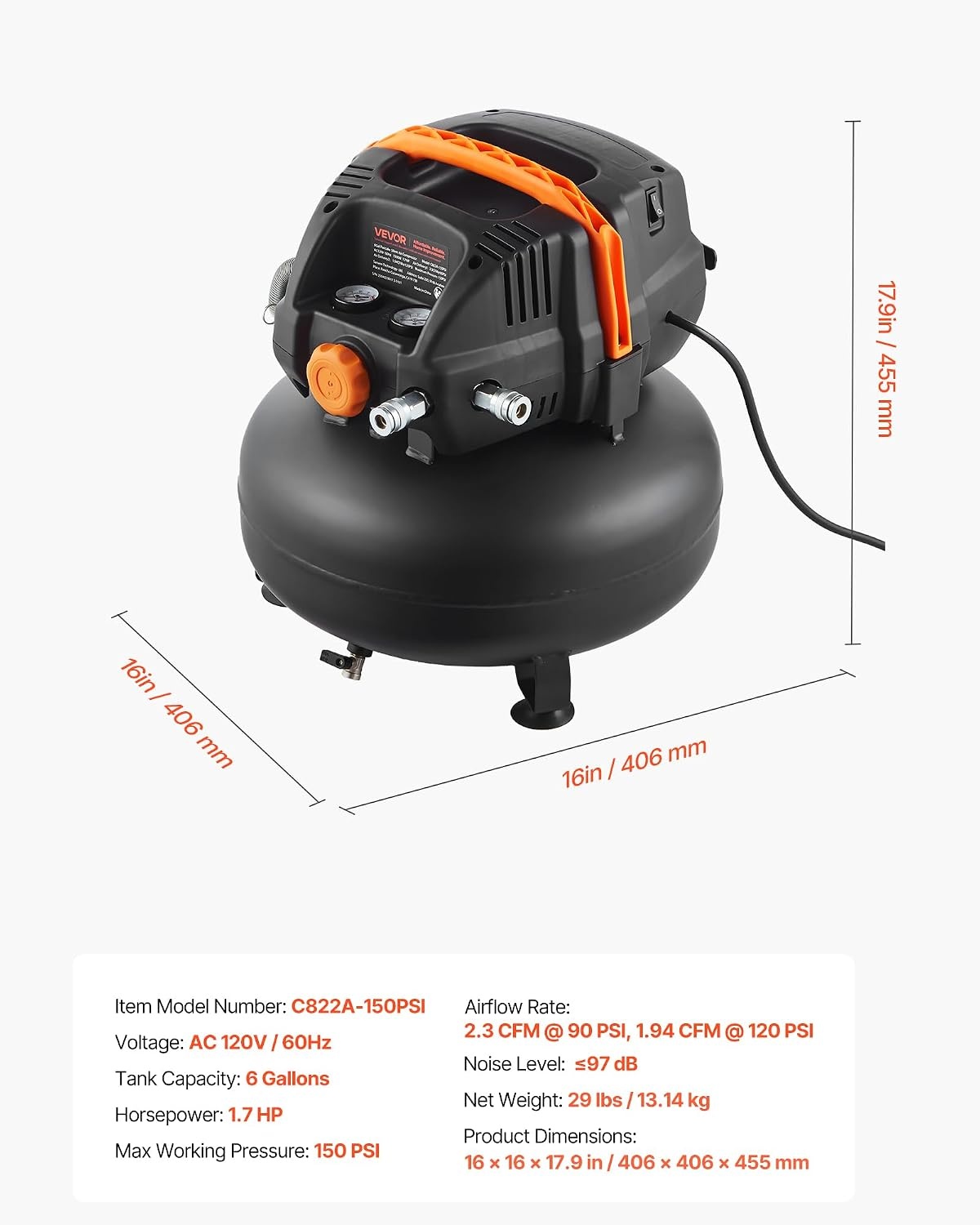 image:imageVEVOR 6 Gallon Air Compressor 17HP 23CFM 90PSI Portable Pancake Air Compressor amp 150PSI Max Working Pressure OilFree Compressor Tank for Tire Inflation Spray Painting Woodwork Nailing 120V