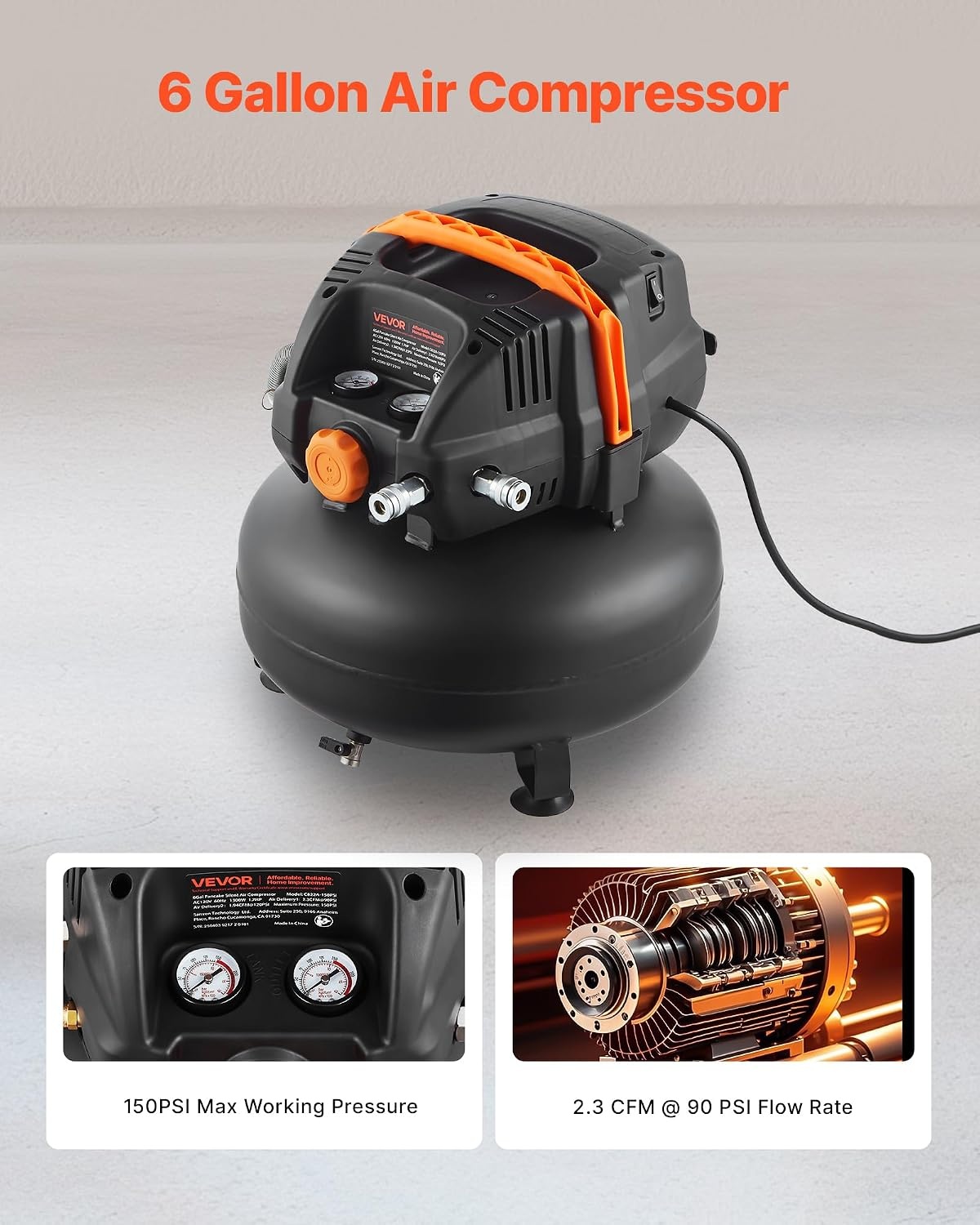 image:imageVEVOR 6 Gallon Air Compressor 17HP 23CFM90PSI Portable Pancake Air Compressor amp 150PSI Max Pressure 12Piece Accessory Kit with 25FT Air Hose for Tire Inflation Spray Painting Woodwork Nailing
