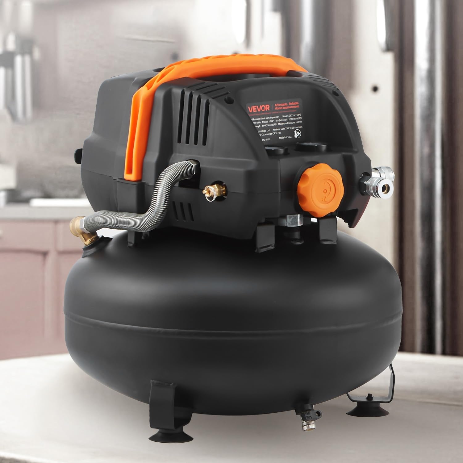 image:imageVEVOR 6 Gallon Air Compressor 17HP 23CFM90PSI Portable Pancake Air Compressor amp 150PSI Max Pressure 12Piece Accessory Kit with 25FT Air Hose for Tire Inflation Spray Painting Woodwork Nailing