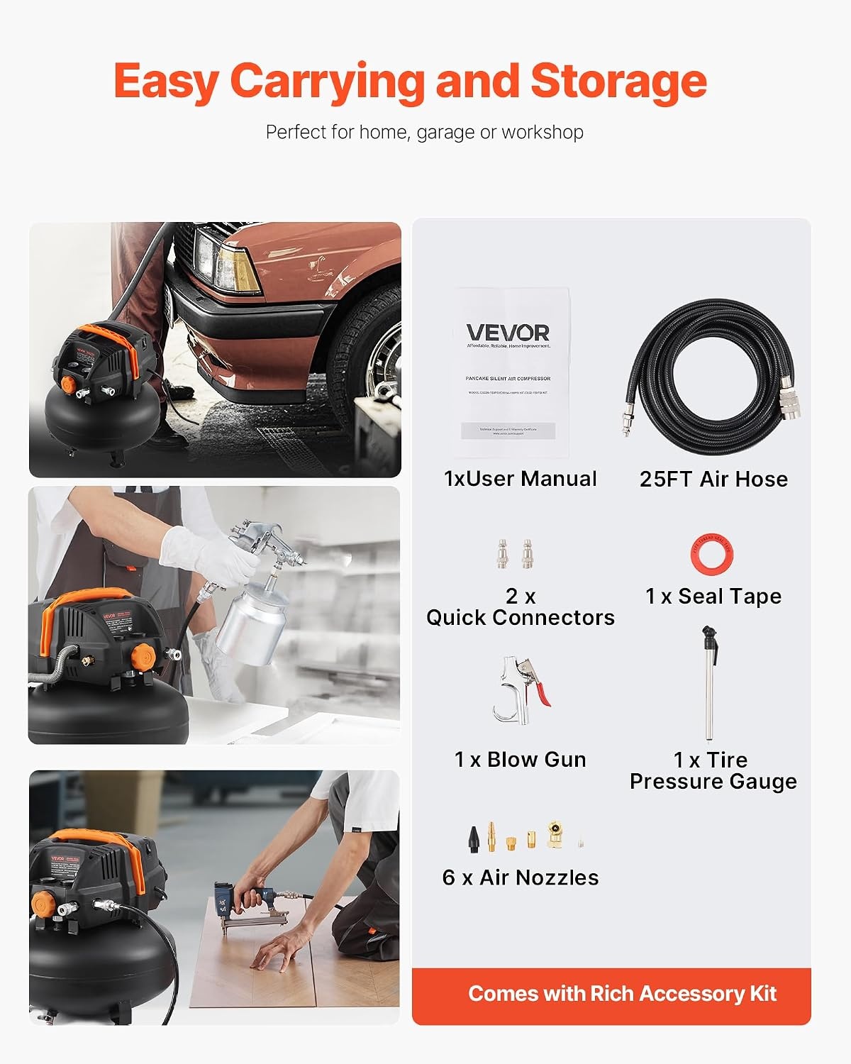 image:imageVEVOR 6 Gallon Air Compressor 17HP 23CFM90PSI Portable Pancake Air Compressor amp 150PSI Max Pressure 12Piece Accessory Kit with 25FT Air Hose for Tire Inflation Spray Painting Woodwork Nailing
