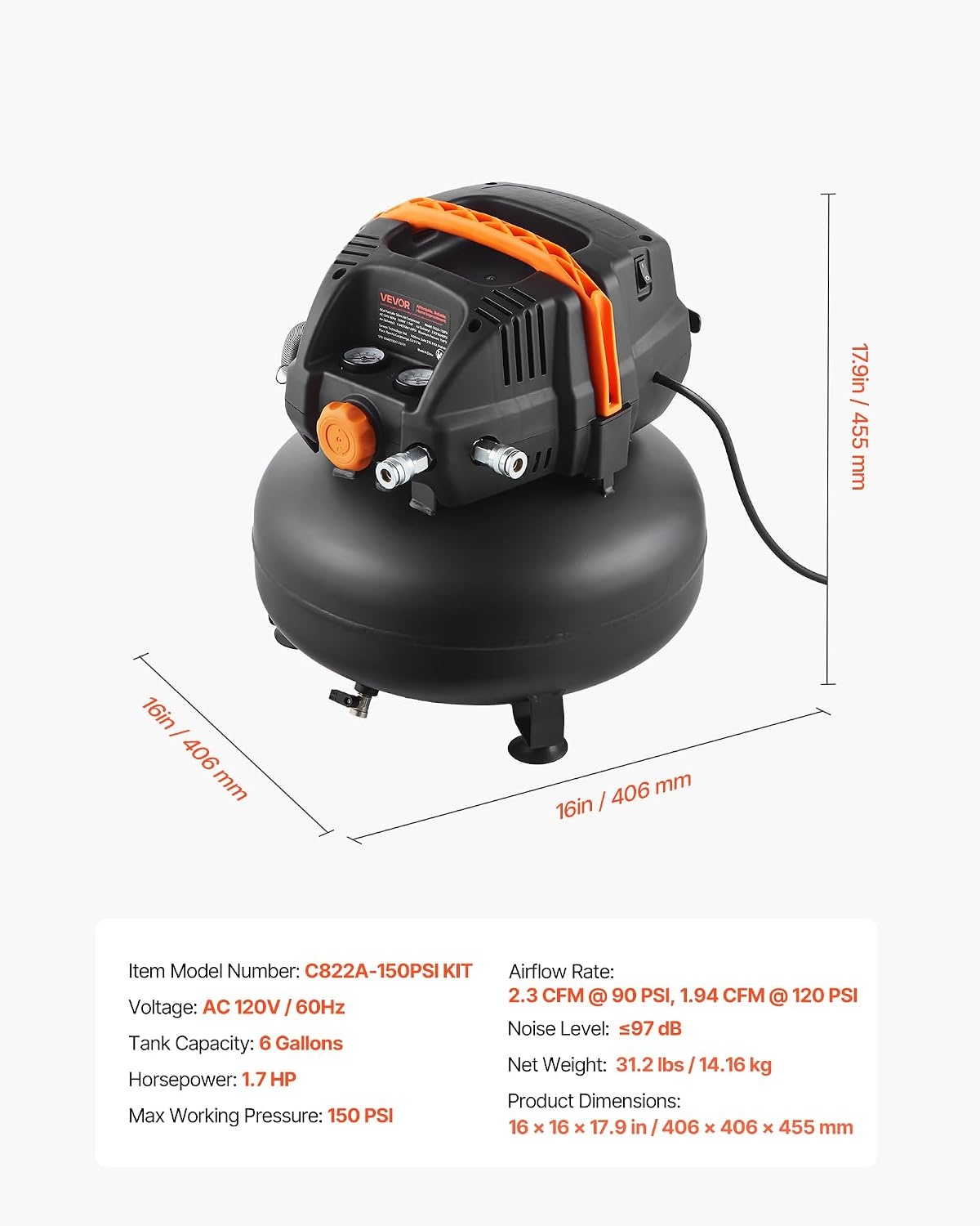 image:imageVEVOR 6 Gallon Air Compressor 17HP 23CFM90PSI Portable Pancake Air Compressor amp 150PSI Max Pressure 12Piece Accessory Kit with 25FT Air Hose for Tire Inflation Spray Painting Woodwork Nailing