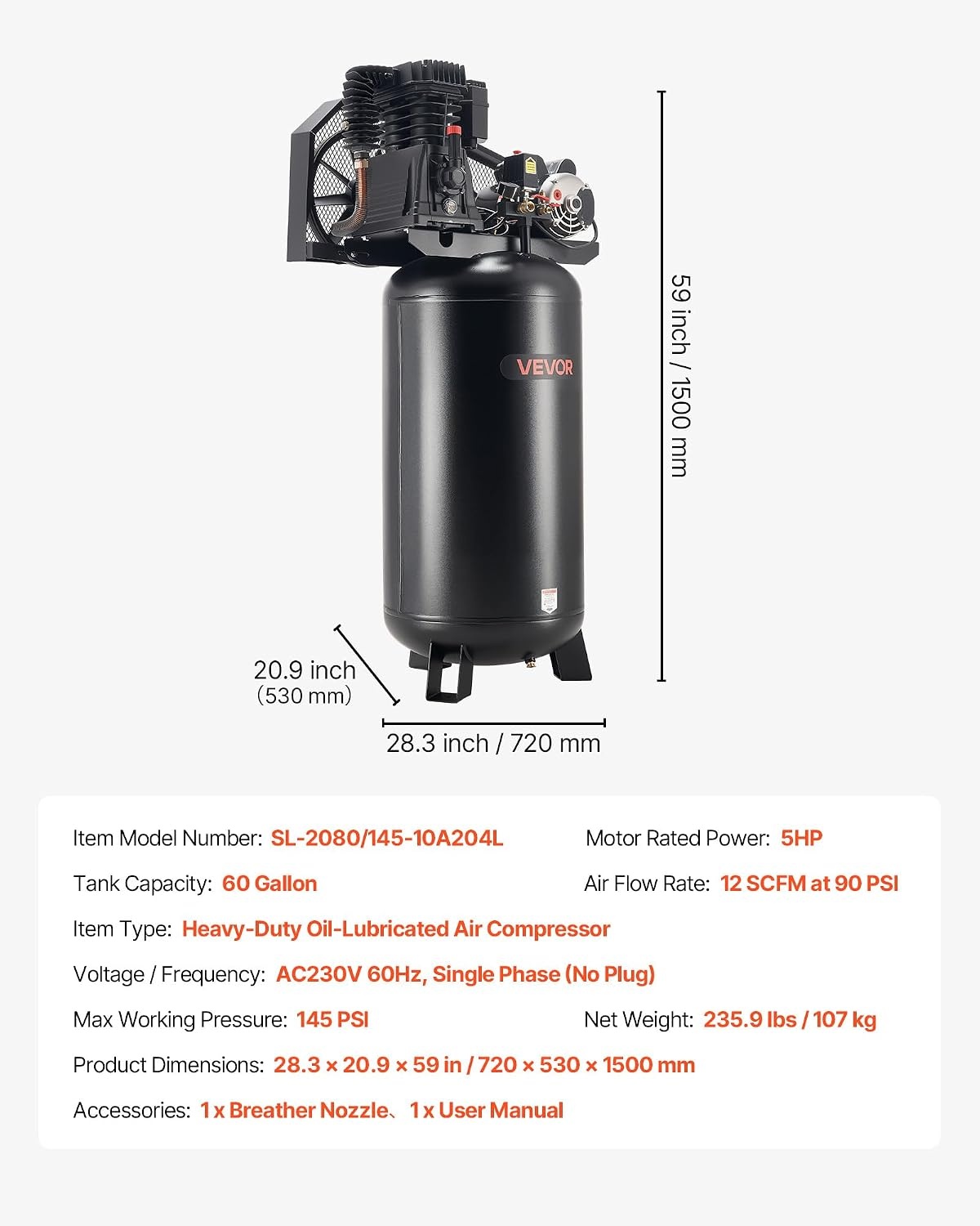 image:imageVEVOR 60 Gallons HeavyDuty Air Compressor 37HP 8 SCFM at 90PSI Air Compressors Max 155PSI Pressure OilLubricated Compressor Tank for Industrial Manufacturing Large Workshops 230V 60Hz NoPlug60Gallon 5HP 175PSI