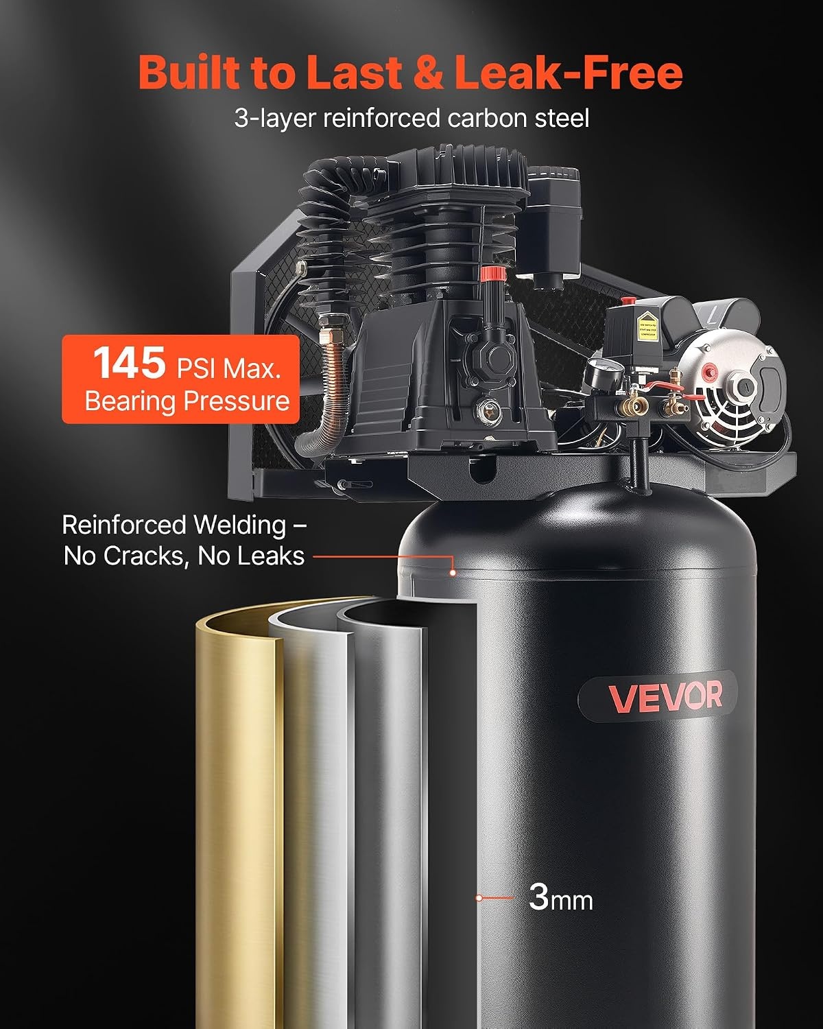 image:imageVEVOR 60 Gallons HeavyDuty Air Compressor 37HP 8 SCFM at 90PSI Air Compressors Max 155PSI Pressure OilLubricated Compressor Tank for Industrial Manufacturing Large Workshops 230V 60Hz NoPlug60Gallon 5HP 175PSI