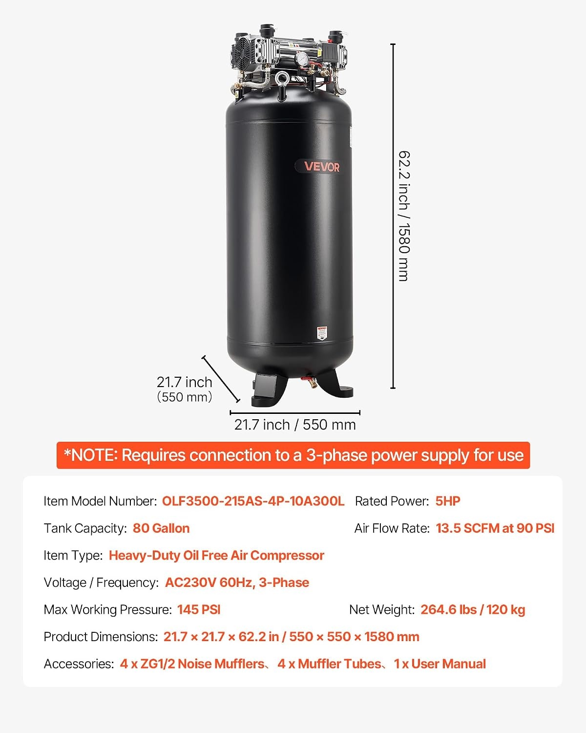image:imageVEVOR 60 Gallons HeavyDuty Air Compressor 37HP 8 SCFM at 90PSI Air Compressors Max 155PSI Pressure OilLubricated Compressor Tank for Industrial Manufacturing Large Workshops 230V 60Hz NoPlug217 x 217 x 622 in