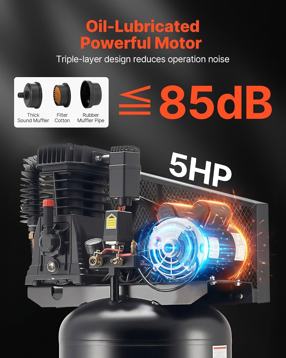 image:imageVEVOR 60 Gallons HeavyDuty Air Compressor 37HP 8 SCFM at 90PSI Air Compressors Max 155PSI Pressure OilLubricated Compressor Tank for Industrial Manufacturing Large Workshops 230V 60Hz NoPlug60Gallon 5HP 175PSI