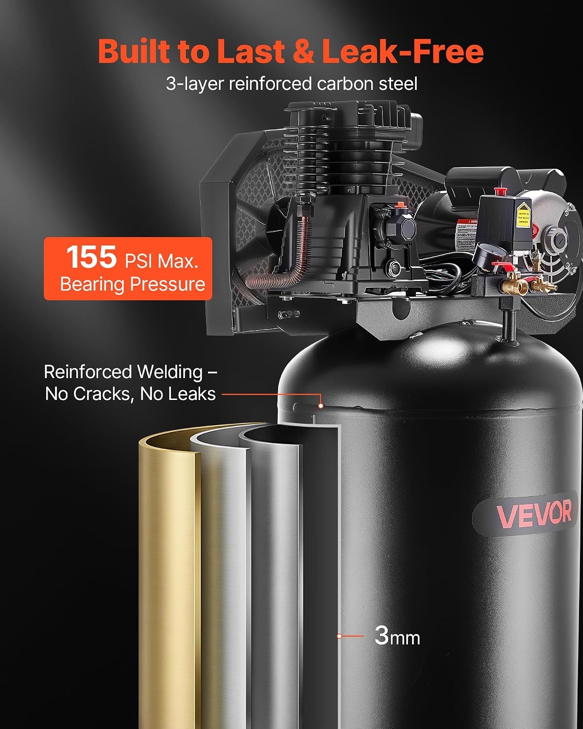 image:imageVEVOR 60 Gallons HeavyDuty Air Compressor 37HP 8 SCFM at 90PSI Air Compressors Max 155PSI Pressure OilLubricated Compressor Tank for Industrial Manufacturing Large Workshops 230V 60Hz NoPlug240 x 209 x 555 in