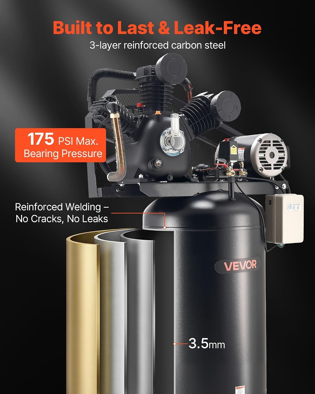 image:imageVEVOR 60 Gallons HeavyDuty Air Compressor 37HP 8 SCFM at 90PSI Air Compressors Max 155PSI Pressure OilLubricated Compressor Tank for Industrial Manufacturing Large Workshops 230V 60Hz NoPlug80Gallon 10HP 175PSI
