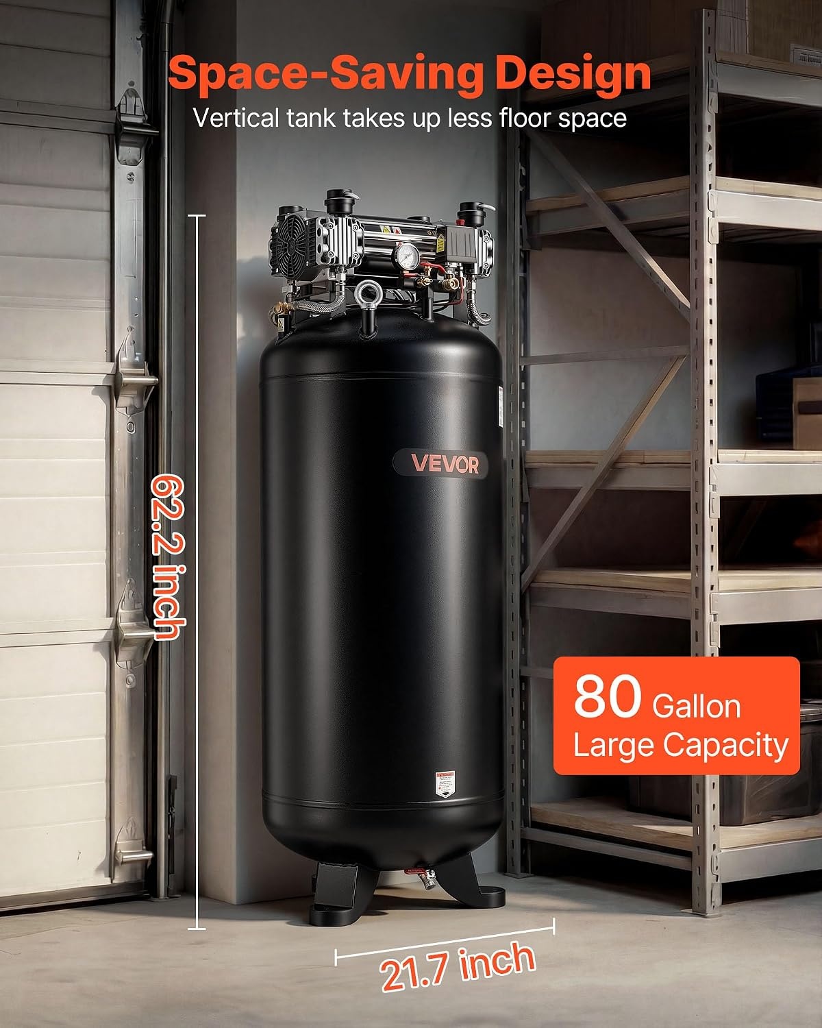image:imageVEVOR 60 Gallons HeavyDuty Air Compressor 37HP 8 SCFM at 90PSI Air Compressors Max 155PSI Pressure OilLubricated Compressor Tank for Industrial Manufacturing Large Workshops 230V 60Hz NoPlug217 x 217 x 622 in
