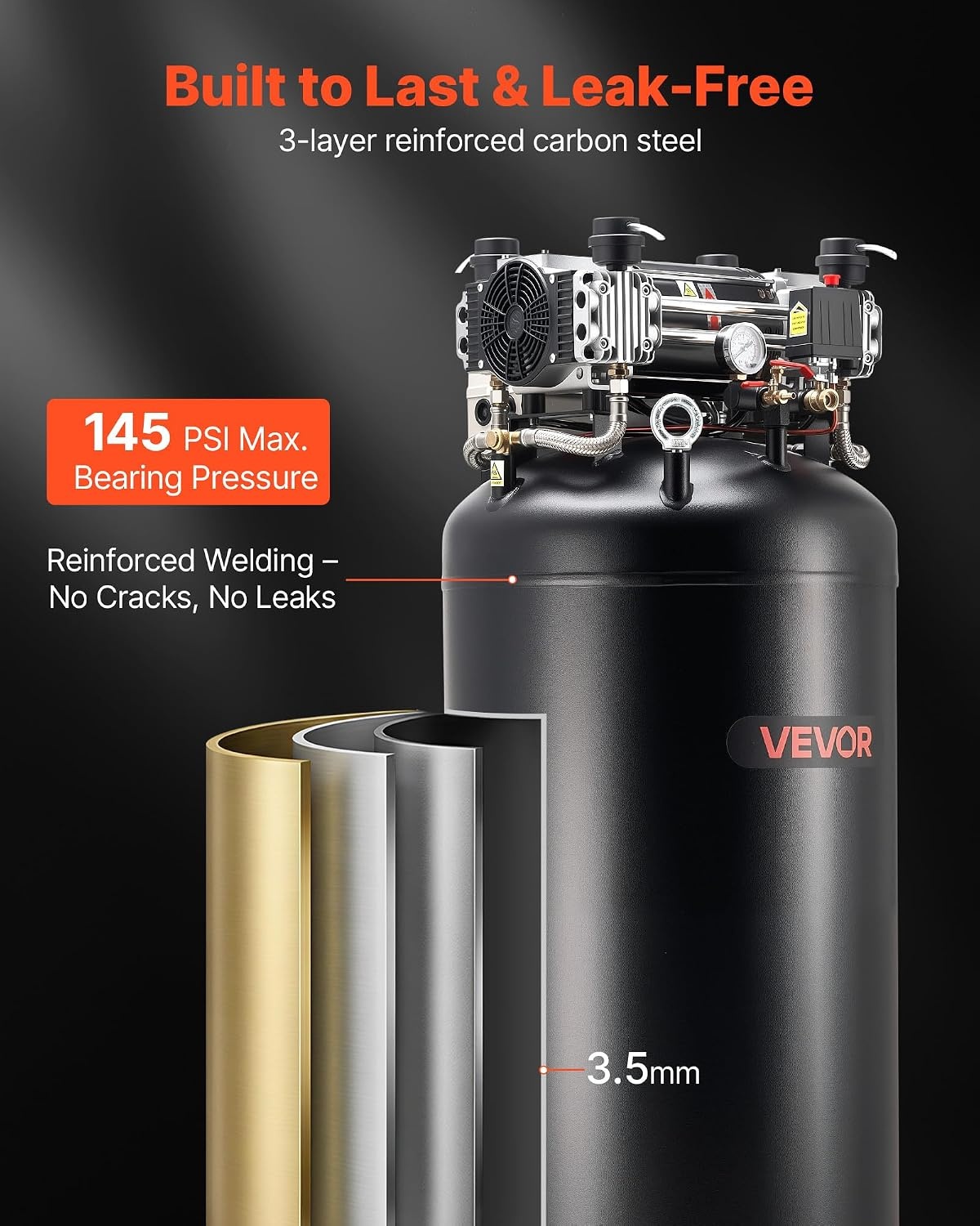 image:imageVEVOR 60 Gallons HeavyDuty Air Compressor 37HP 8 SCFM at 90PSI Air Compressors Max 155PSI Pressure OilLubricated Compressor Tank for Industrial Manufacturing Large Workshops 230V 60Hz NoPlug217 x 217 x 622 in