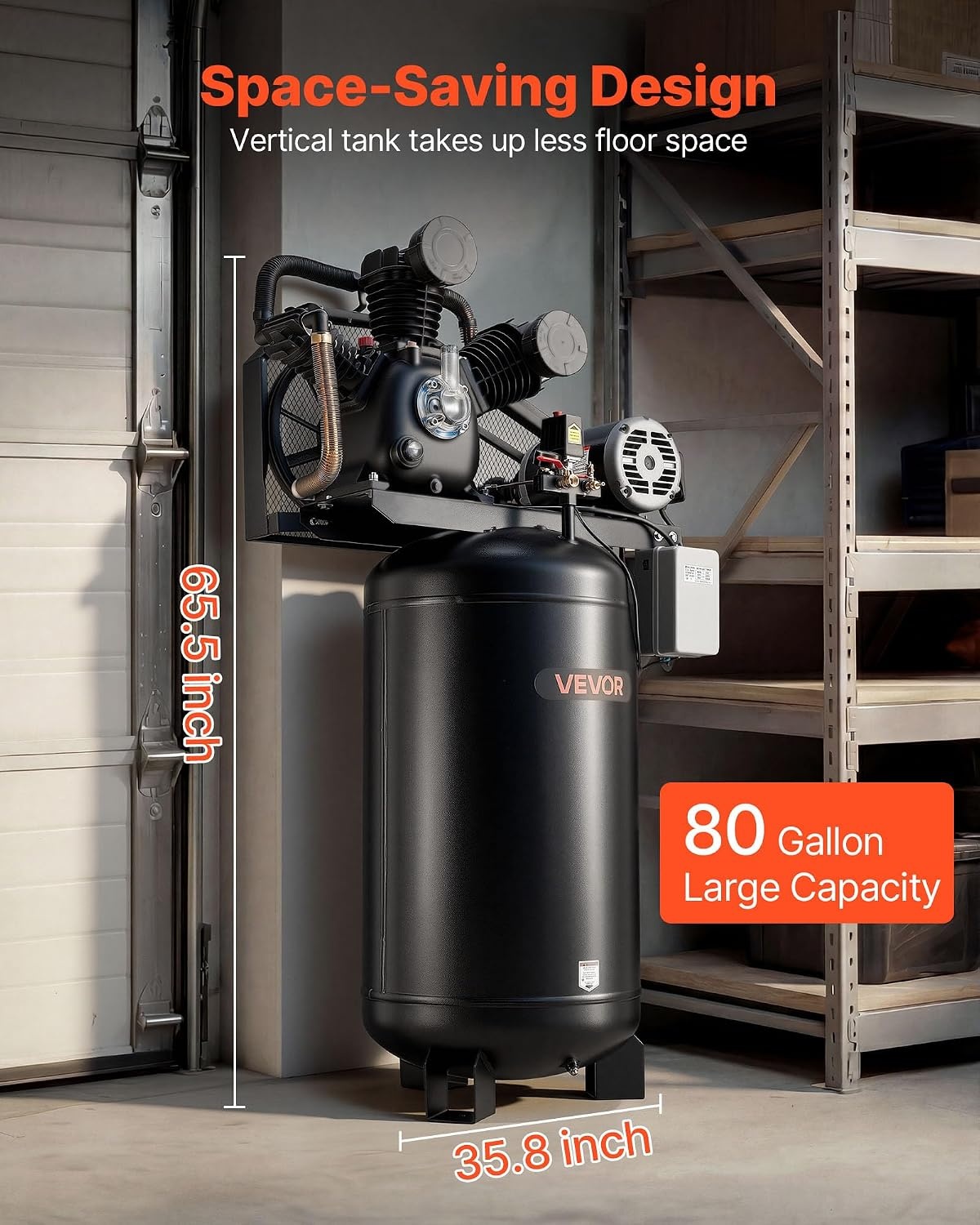 image:imageVEVOR 60 Gallons HeavyDuty Air Compressor 37HP 8 SCFM at 90PSI Air Compressors Max 155PSI Pressure OilLubricated Compressor Tank for Industrial Manufacturing Large Workshops 230V 60Hz NoPlug80Gallon 10HP 175PSI