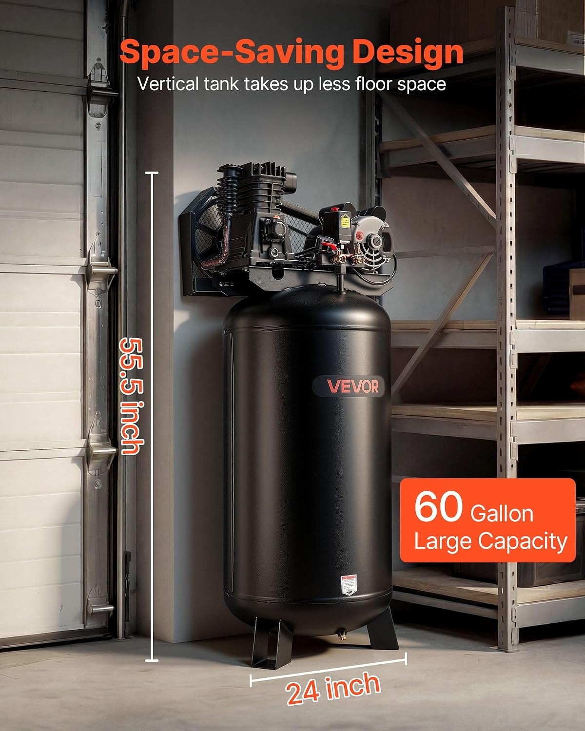 image:imageVEVOR 60 Gallons HeavyDuty Air Compressor 37HP 8 SCFM at 90PSI Air Compressors Max 155PSI Pressure OilLubricated Compressor Tank for Industrial Manufacturing Large Workshops 230V 60Hz NoPlug240 x 209 x 555 in