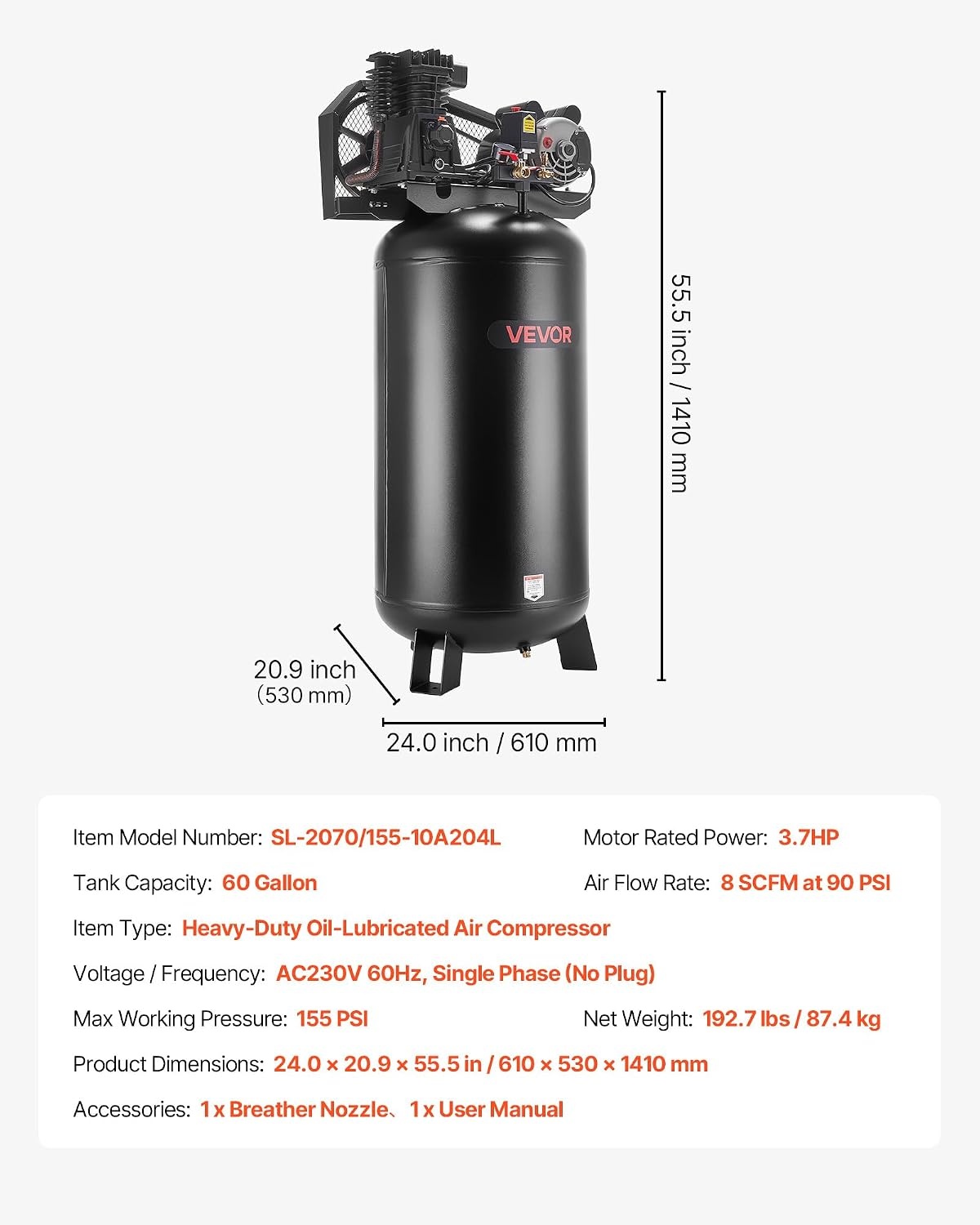image:imageVEVOR 60 Gallons HeavyDuty Air Compressor 37HP 8 SCFM at 90PSI Air Compressors Max 155PSI Pressure OilLubricated Compressor Tank for Industrial Manufacturing Large Workshops 230V 60Hz NoPlug240 x 209 x 555 in