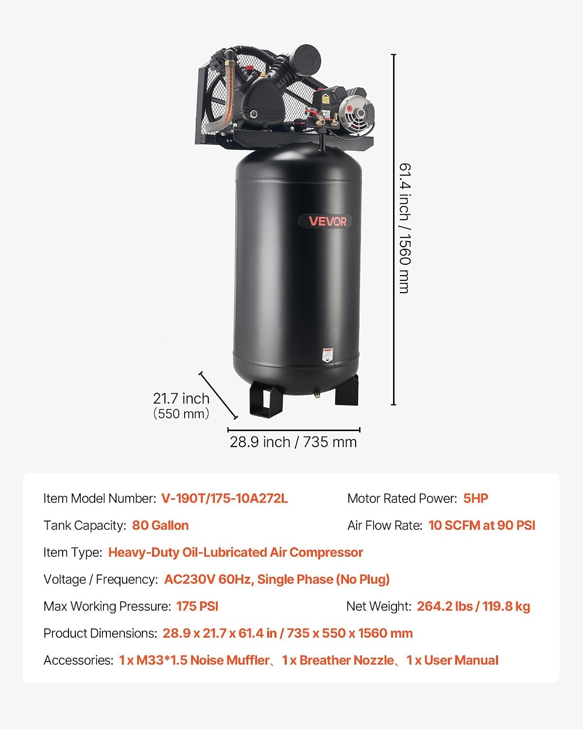 image:imageVEVOR 60 Gallons HeavyDuty Air Compressor 37HP 8 SCFM at 90PSI Air Compressors Max 155PSI Pressure OilLubricated Compressor Tank for Industrial Manufacturing Large Workshops 230V 60Hz NoPlug289 x 217 x 614 in