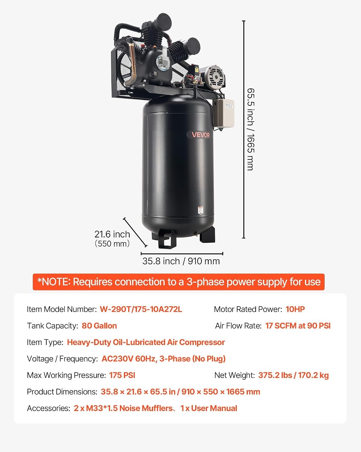 image:imageVEVOR 60 Gallons HeavyDuty Air Compressor 37HP 8 SCFM at 90PSI Air Compressors Max 155PSI Pressure OilLubricated Compressor Tank for Industrial Manufacturing Large Workshops 230V 60Hz NoPlug80Gallon 10HP 175PSI