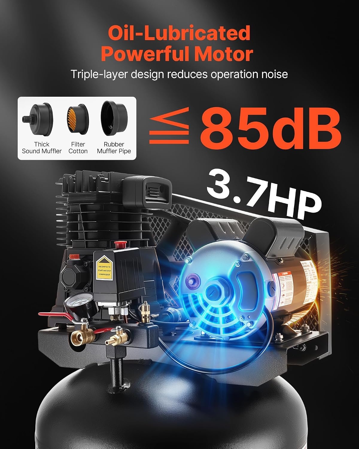 image:imageVEVOR 60 Gallons HeavyDuty Air Compressor 37HP 8 SCFM at 90PSI Air Compressors Max 155PSI Pressure OilLubricated Compressor Tank for Industrial Manufacturing Large Workshops 230V 60Hz NoPlug240 x 209 x 555 in