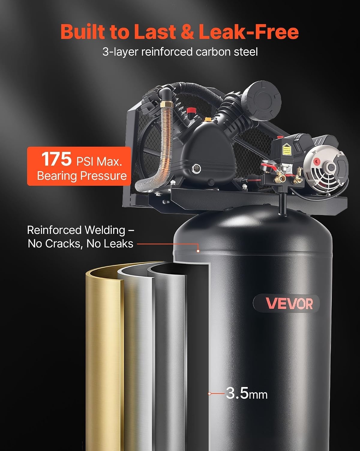 image:imageVEVOR 60 Gallons HeavyDuty Air Compressor 37HP 8 SCFM at 90PSI Air Compressors Max 155PSI Pressure OilLubricated Compressor Tank for Industrial Manufacturing Large Workshops 230V 60Hz NoPlug289 x 217 x 614 in
