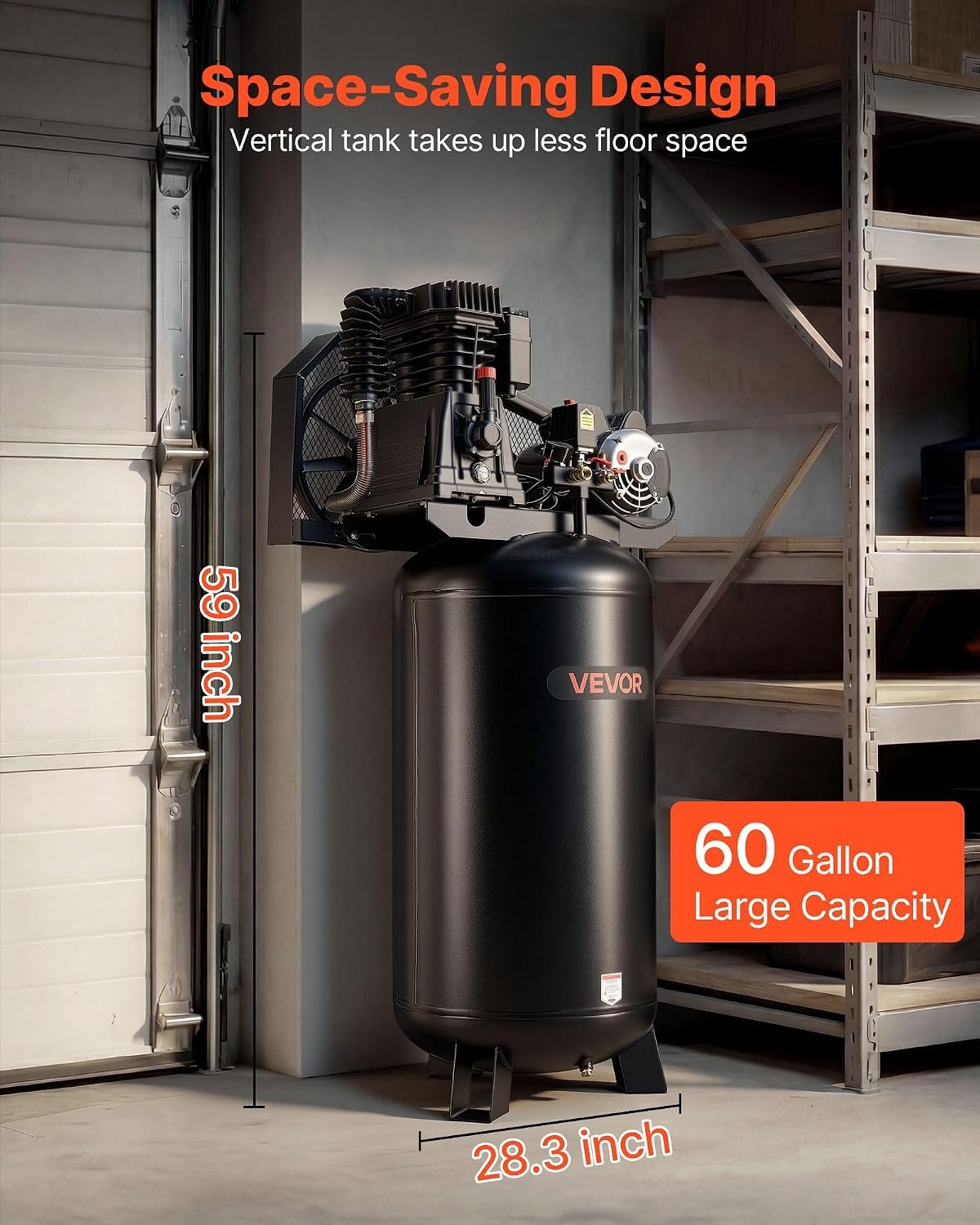 image:imageVEVOR 60 Gallons HeavyDuty Air Compressor 37HP 8 SCFM at 90PSI Air Compressors Max 155PSI Pressure OilLubricated Compressor Tank for Industrial Manufacturing Large Workshops 230V 60Hz NoPlug60Gallon 5HP 175PSI