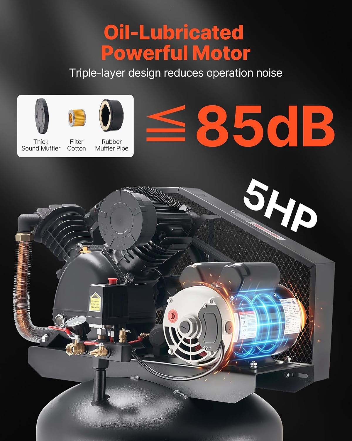 image:imageVEVOR 60 Gallons HeavyDuty Air Compressor 37HP 8 SCFM at 90PSI Air Compressors Max 155PSI Pressure OilLubricated Compressor Tank for Industrial Manufacturing Large Workshops 230V 60Hz NoPlug289 x 217 x 614 in
