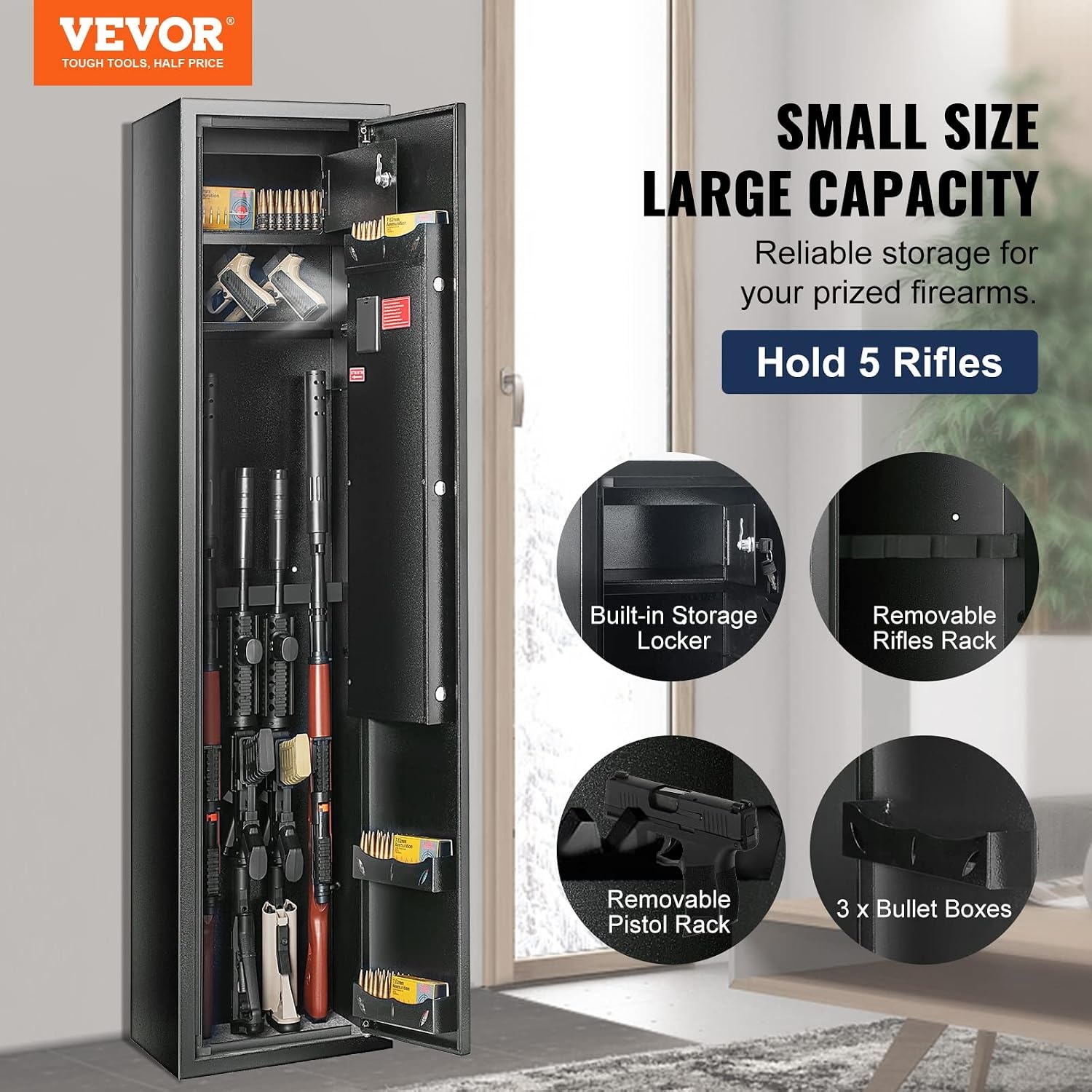image:imageVEVOR 68 Rifles Gun Safe Rifle Safe with Digital Keypad amp Lock Gun Storage Cabinet with Builtin Storage Locker Removable Storage Shelf for Home Long Gun and Pistols Black