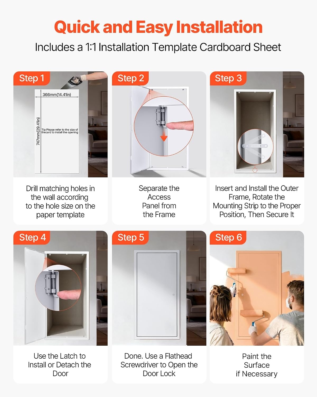 image:imageVEVOR Access Panel for Drywall 133 x 133 in Galvanized Steel Access Door Easy Install Hinged Service Panel with Screwdriver Latch for Ceiling Plumbing Electrical 124 x 124 in Cutout Size White14x29inch