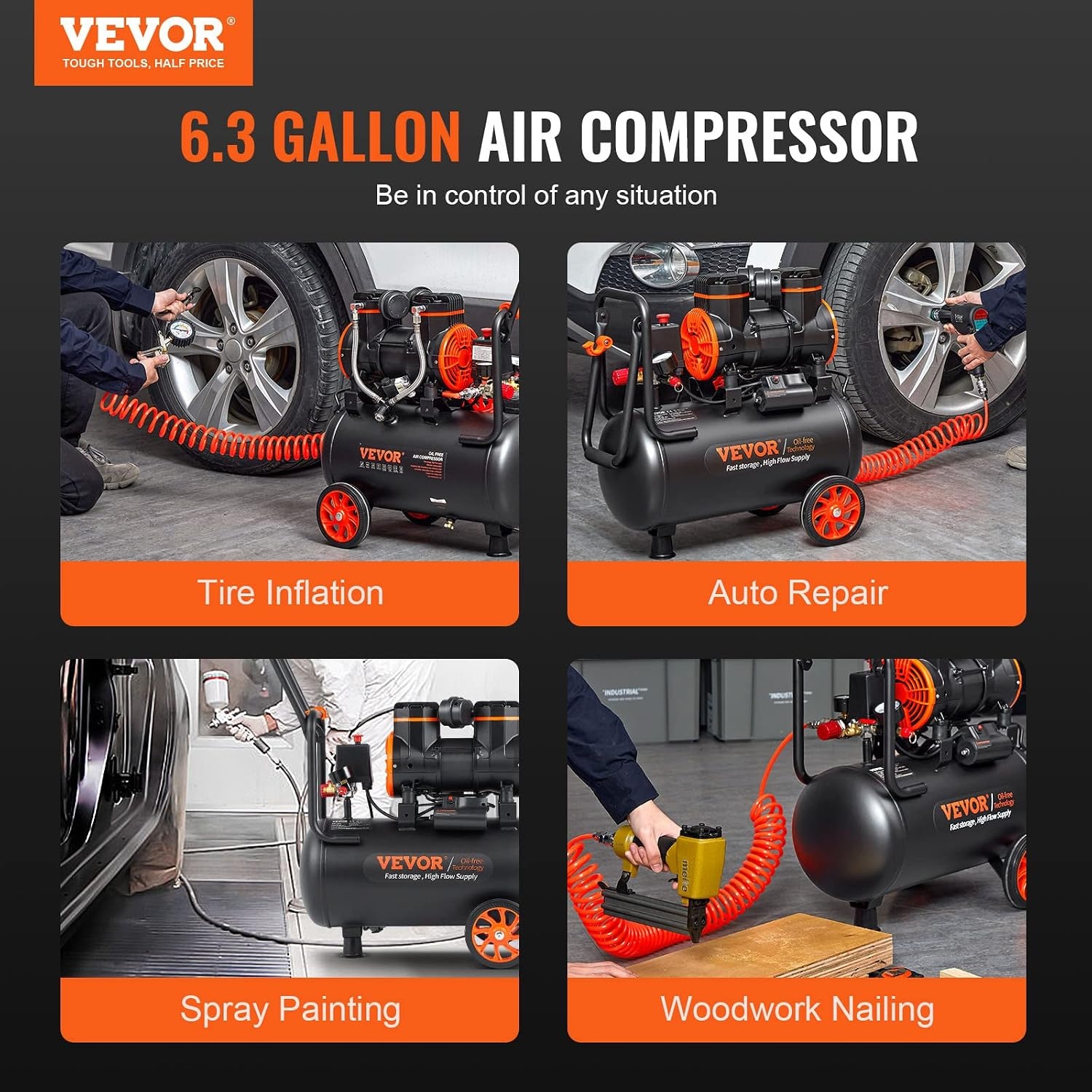 image:imageVEVOR Air Compressor 20 Gallon Steel Tank 4HP 106 CFM90 PSI Oil Free Air Compressor amp Max 125PSI Pressure 78dB Ultra Quiet Compressor for Auto Repair Tire Inflation Spray Painting 220V 60Hz63 Gallon