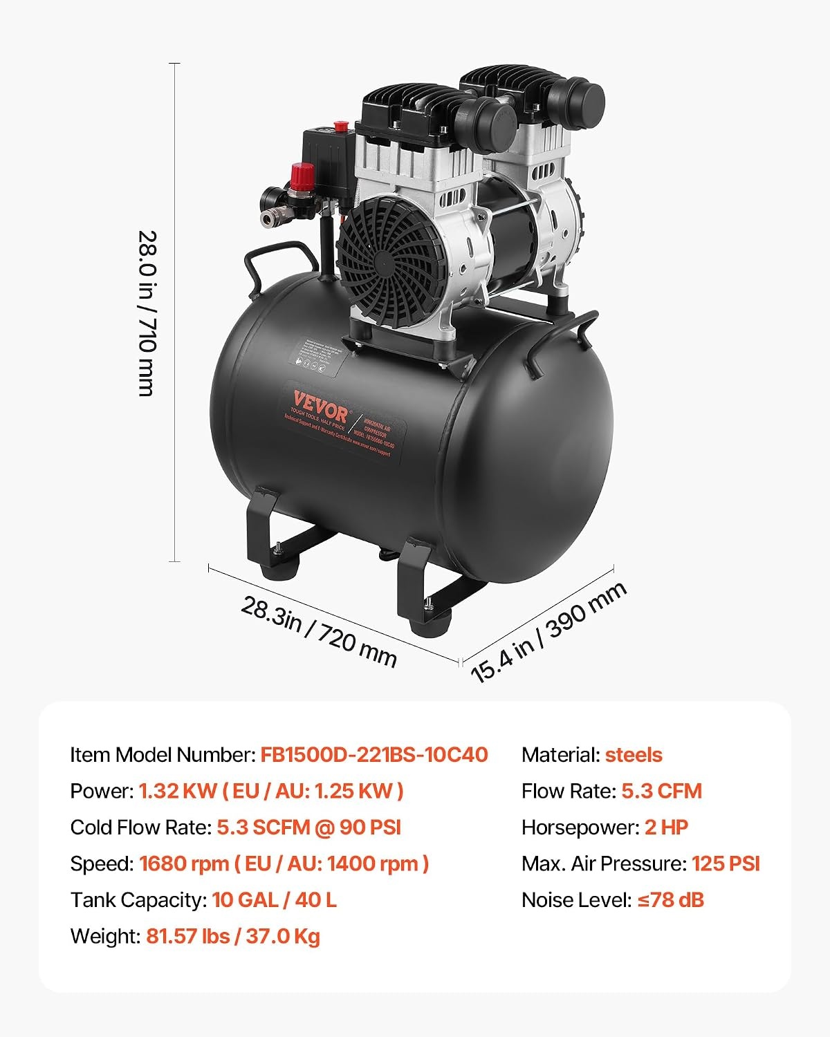 image:imageVEVOR Air Compressor 20 Gallon Steel Tank 4HP 106 CFM90 PSI Oil Free Air Compressor amp Max 125PSI Pressure 78dB Ultra Quiet Compressor for Auto Repair Tire Inflation Spray Painting 220V 60Hz10 Gallon