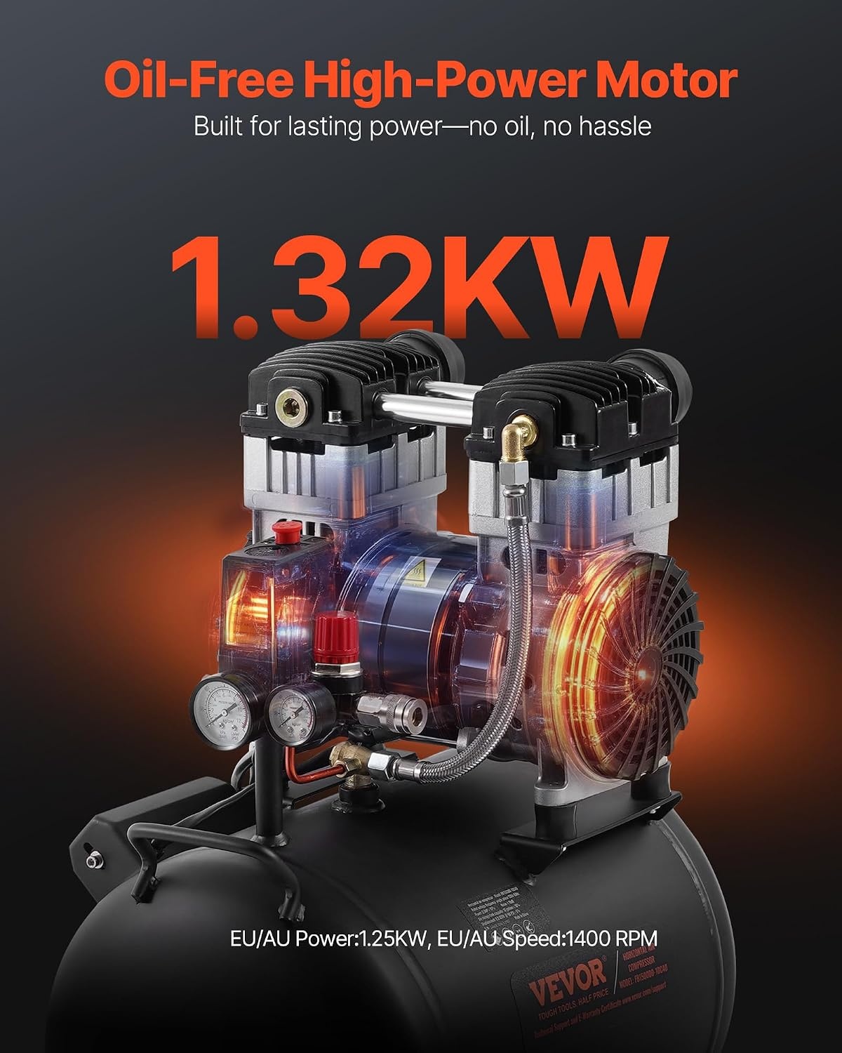 image:imageVEVOR Air Compressor 20 Gallon Steel Tank 4HP 106 CFM90 PSI Oil Free Air Compressor amp Max 125PSI Pressure 78dB Ultra Quiet Compressor for Auto Repair Tire Inflation Spray Painting 220V 60Hz10 Gallon