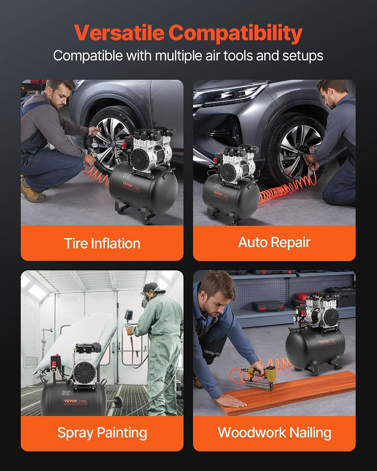 image:imageVEVOR Air Compressor 20 Gallon Steel Tank 4HP 106 CFM90 PSI Oil Free Air Compressor amp Max 125PSI Pressure 78dB Ultra Quiet Compressor for Auto Repair Tire Inflation Spray Painting 220V 60Hz10 Gallon