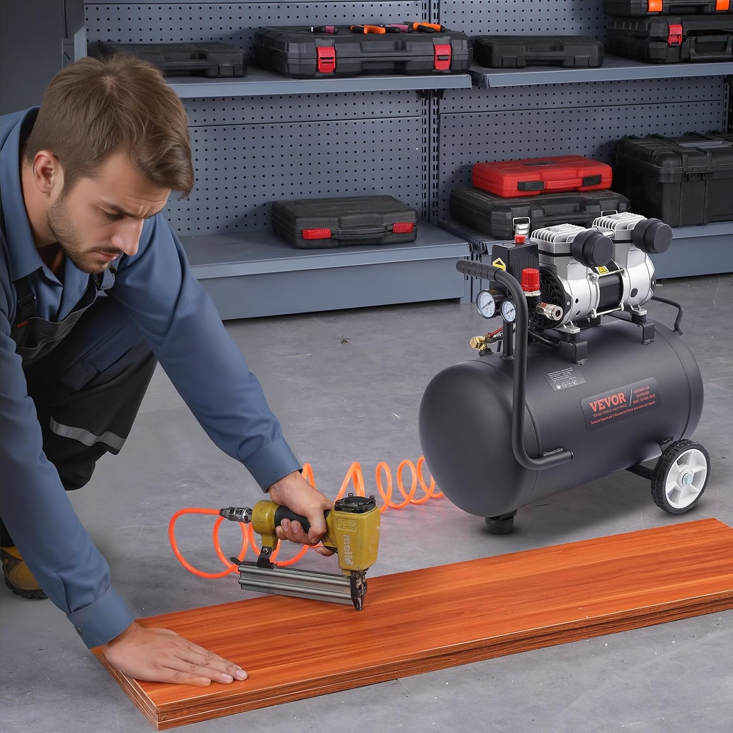 image:imageVEVOR Air Compressor 8 Gallon Steel Tank 1HP 22 CFM90 PSI Oil Free Air Compressor amp Max 120PSI Pressure 80dB Ultra Quiet Portable Compressor for Auto Repair Tire Inflation Spray Painting8 Gallon