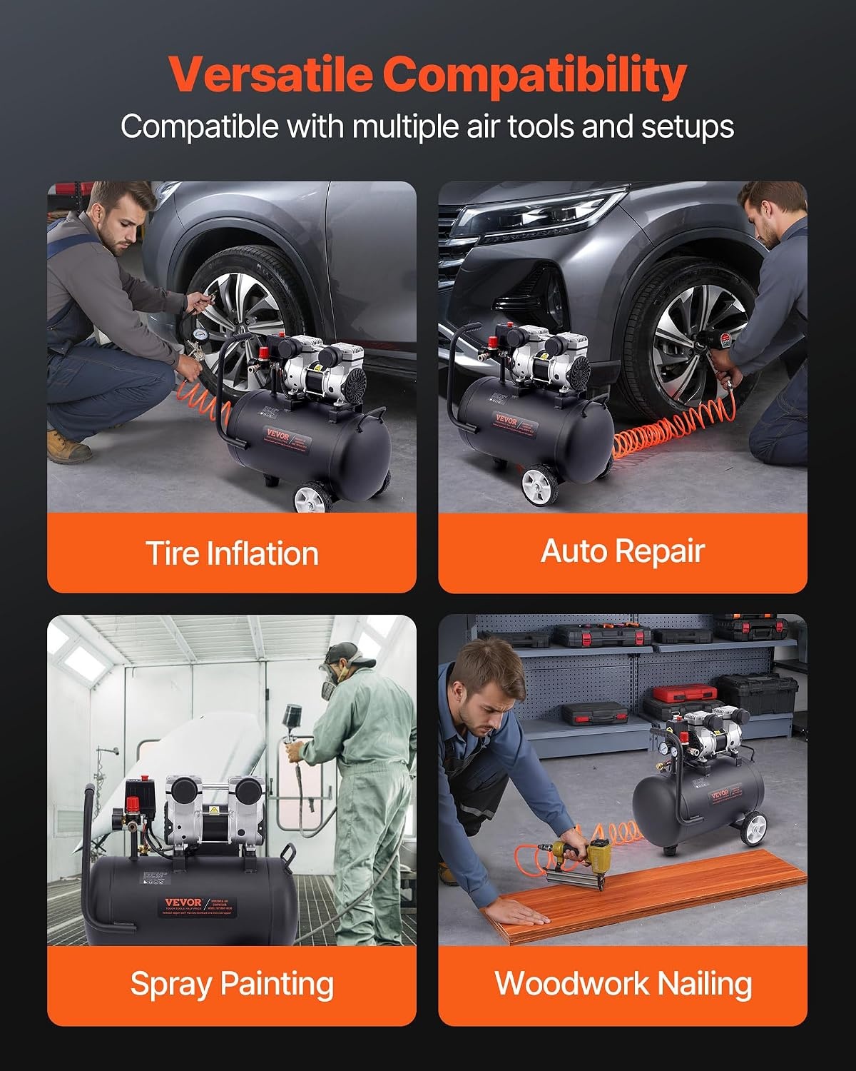 image:imageVEVOR Air Compressor 8 Gallon Steel Tank 1HP 22 CFM90 PSI Oil Free Air Compressor amp Max 120PSI Pressure 80dB Ultra Quiet Portable Compressor for Auto Repair Tire Inflation Spray Painting8 Gallon