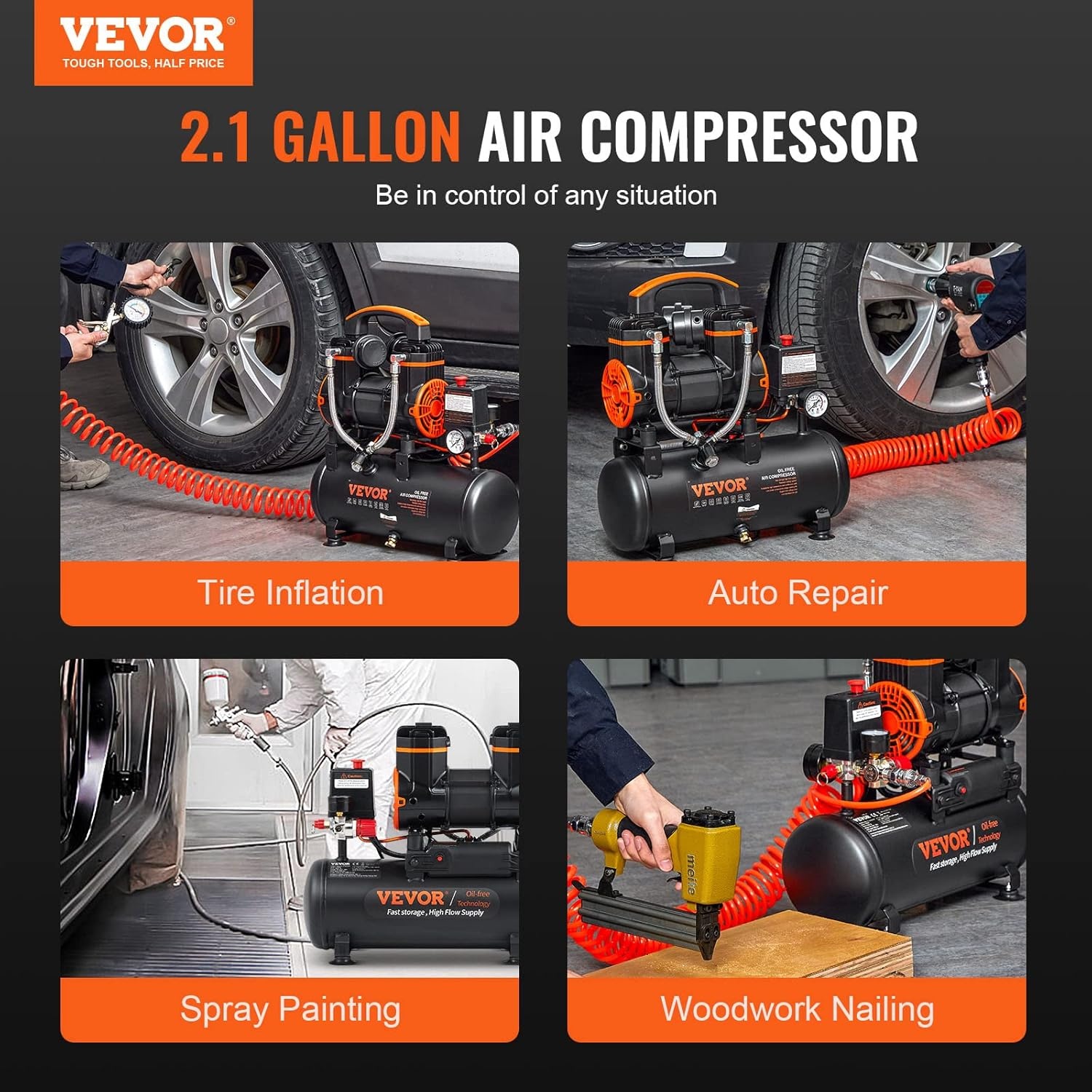 image:imageVEVOR Air Compressor 8 Gallon Steel Tank 1HP 22 CFM90 PSI Oil Free Air Compressor amp Max 120PSI Pressure 80dB Ultra Quiet Portable Compressor for Auto Repair Tire Inflation Spray Painting21 Gallon