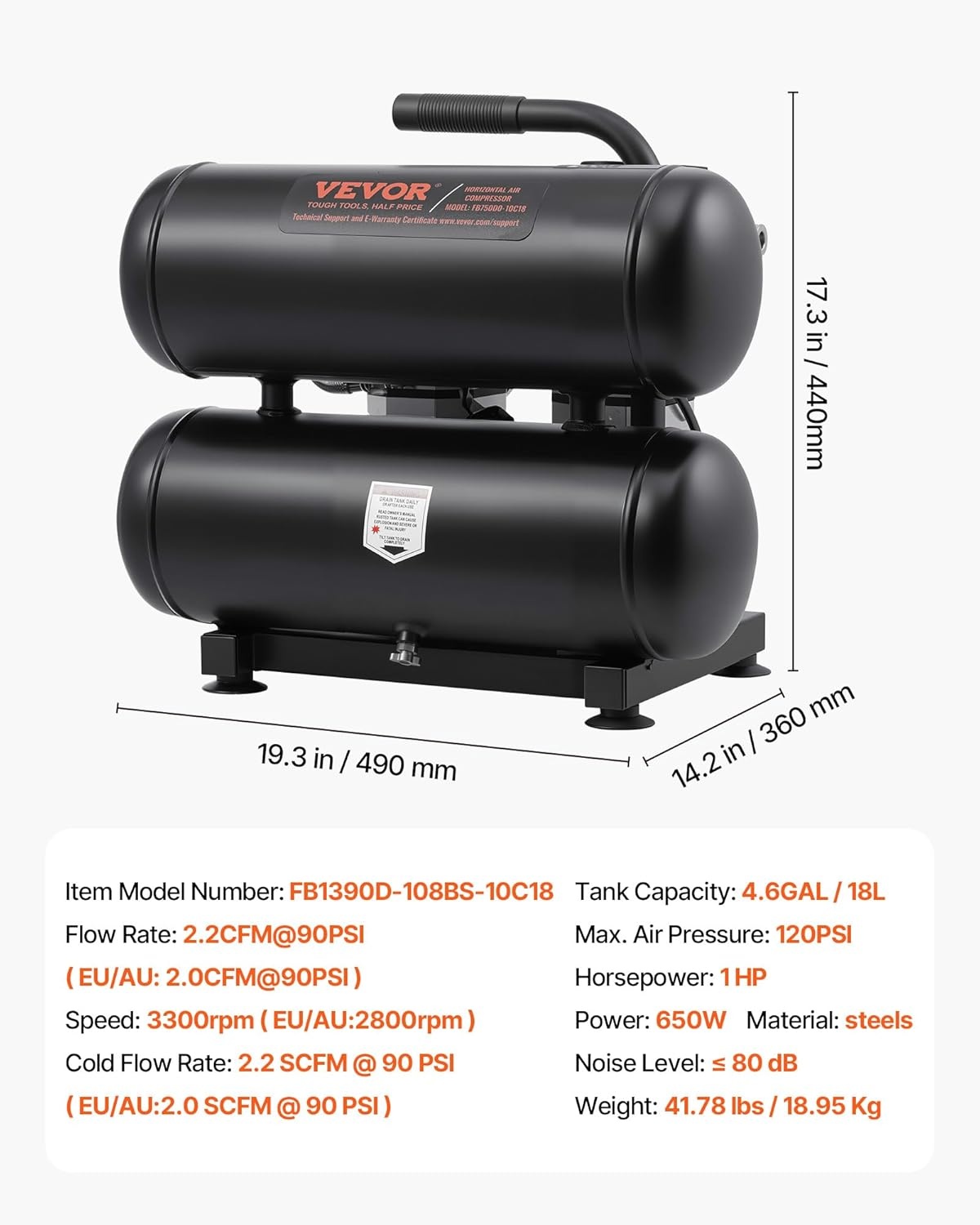 image:imageVEVOR Air Compressor 8 Gallon Steel Tank 1HP 22 CFM90 PSI Oil Free Air Compressor amp Max 120PSI Pressure 80dB Ultra Quiet Portable Compressor for Auto Repair Tire Inflation Spray Painting46 Gallon