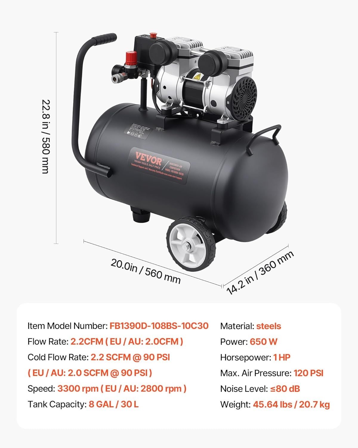 image:imageVEVOR Air Compressor 8 Gallon Steel Tank 1HP 22 CFM90 PSI Oil Free Air Compressor amp Max 120PSI Pressure 80dB Ultra Quiet Portable Compressor for Auto Repair Tire Inflation Spray Painting8 Gallon